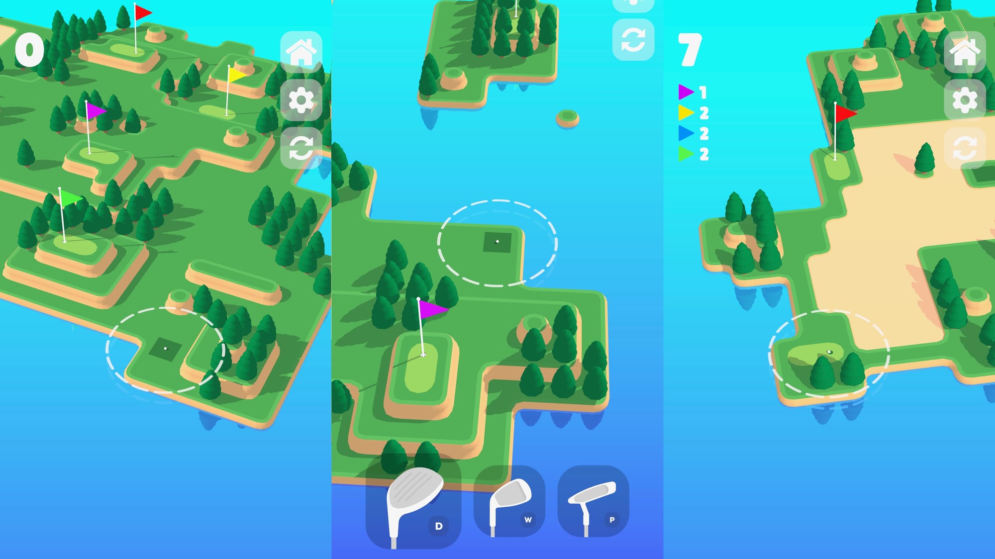 Three screenshots from the game Coffee Golf for iOS