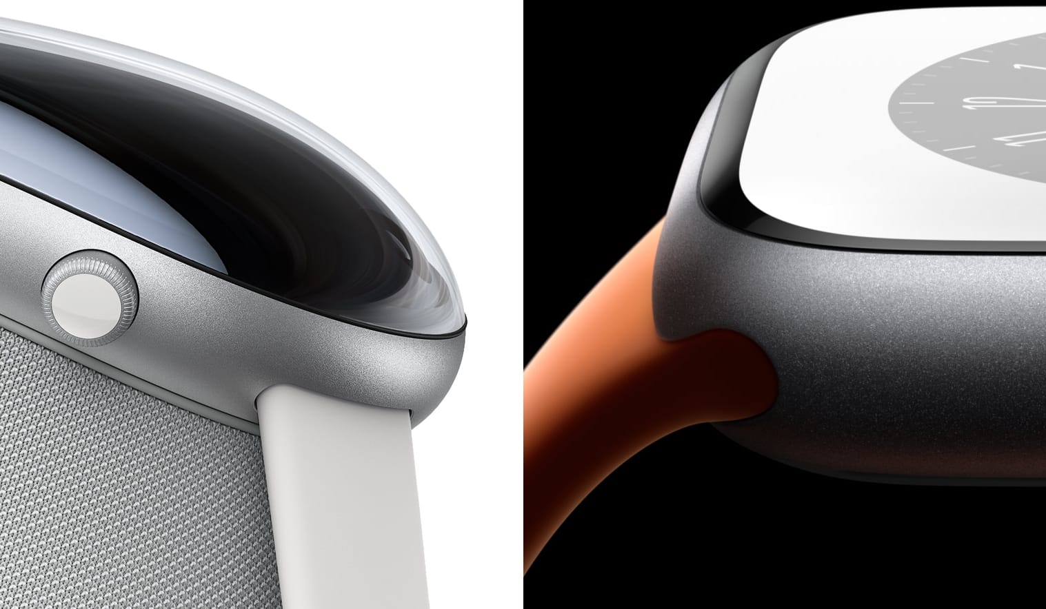 A composite screenshot of the Vision Pro and Apple Watch, showing how the curved glass bending smoothly into the metallic casing is shared on both products