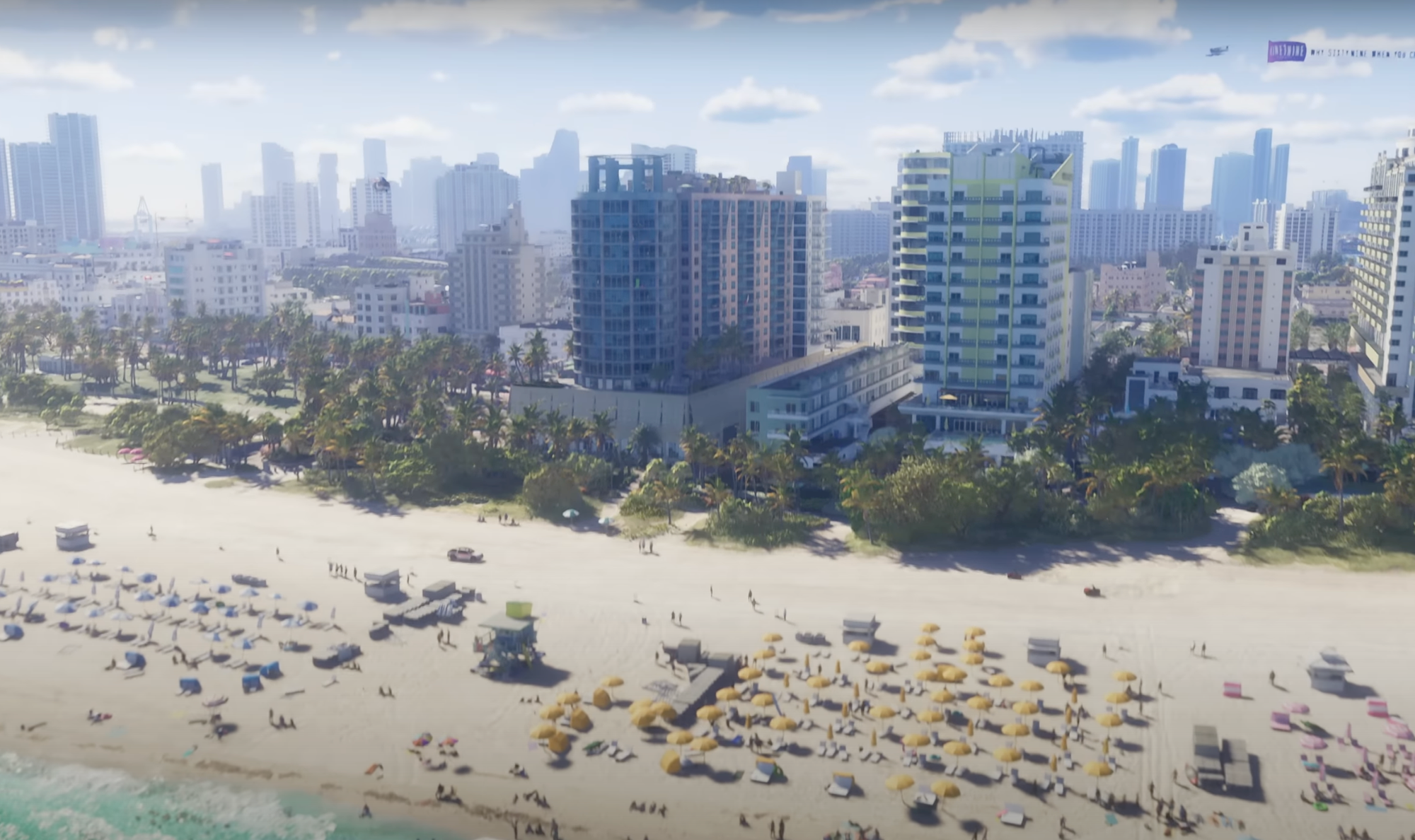 A screenshot from the trailer for GTA VI, showing a city skyline towering over a busy beach.