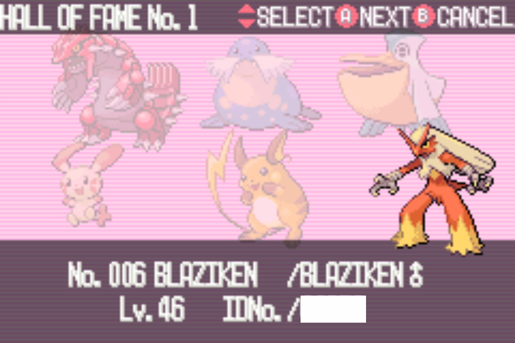 A screenshot from Pokémon Ruby showing the author's Hall of Fame team: Blaziken, Raichu, Plusle, Pelipper, Sealeo and Groudon.