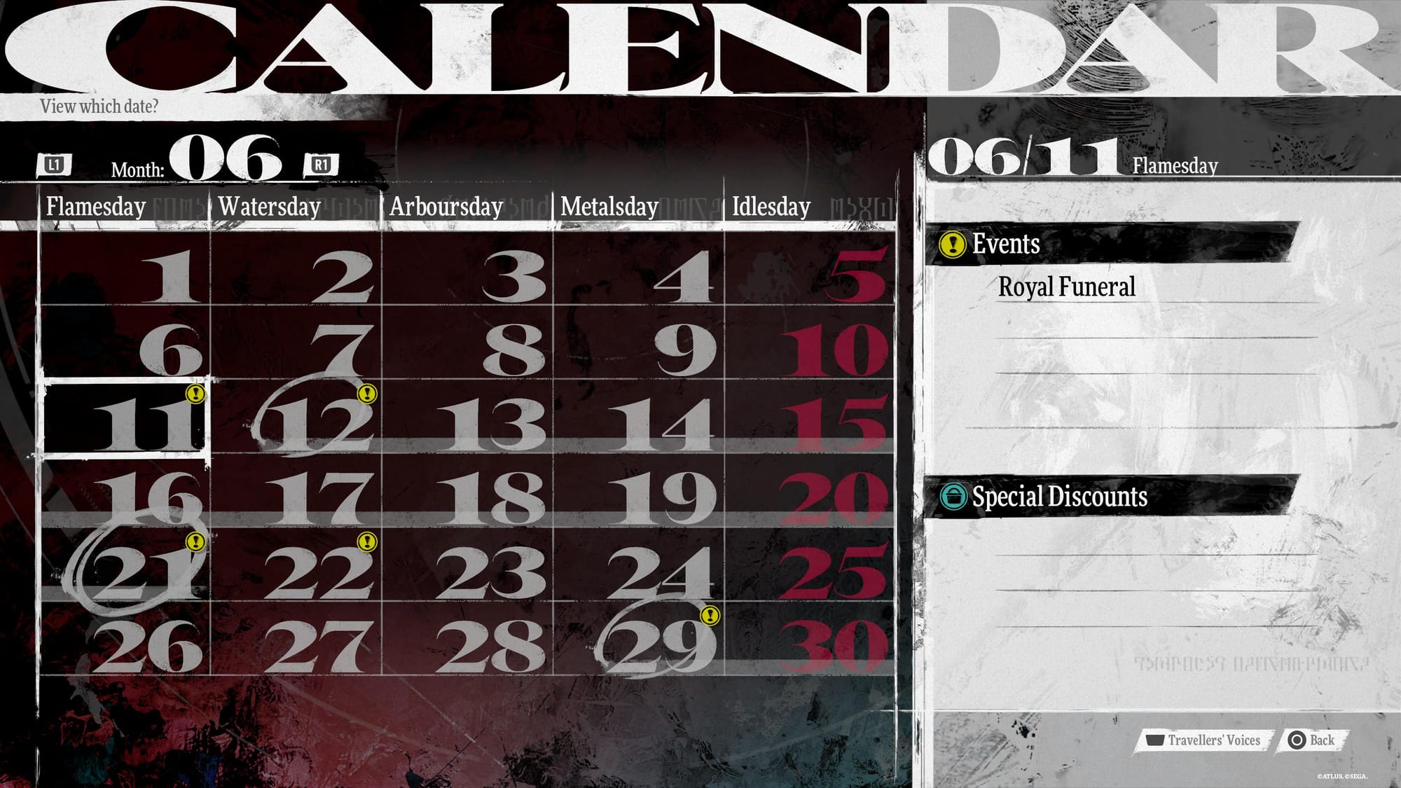 A screenshot from Metaphor: ReFantazio on PS5 showing the in-game calendar.