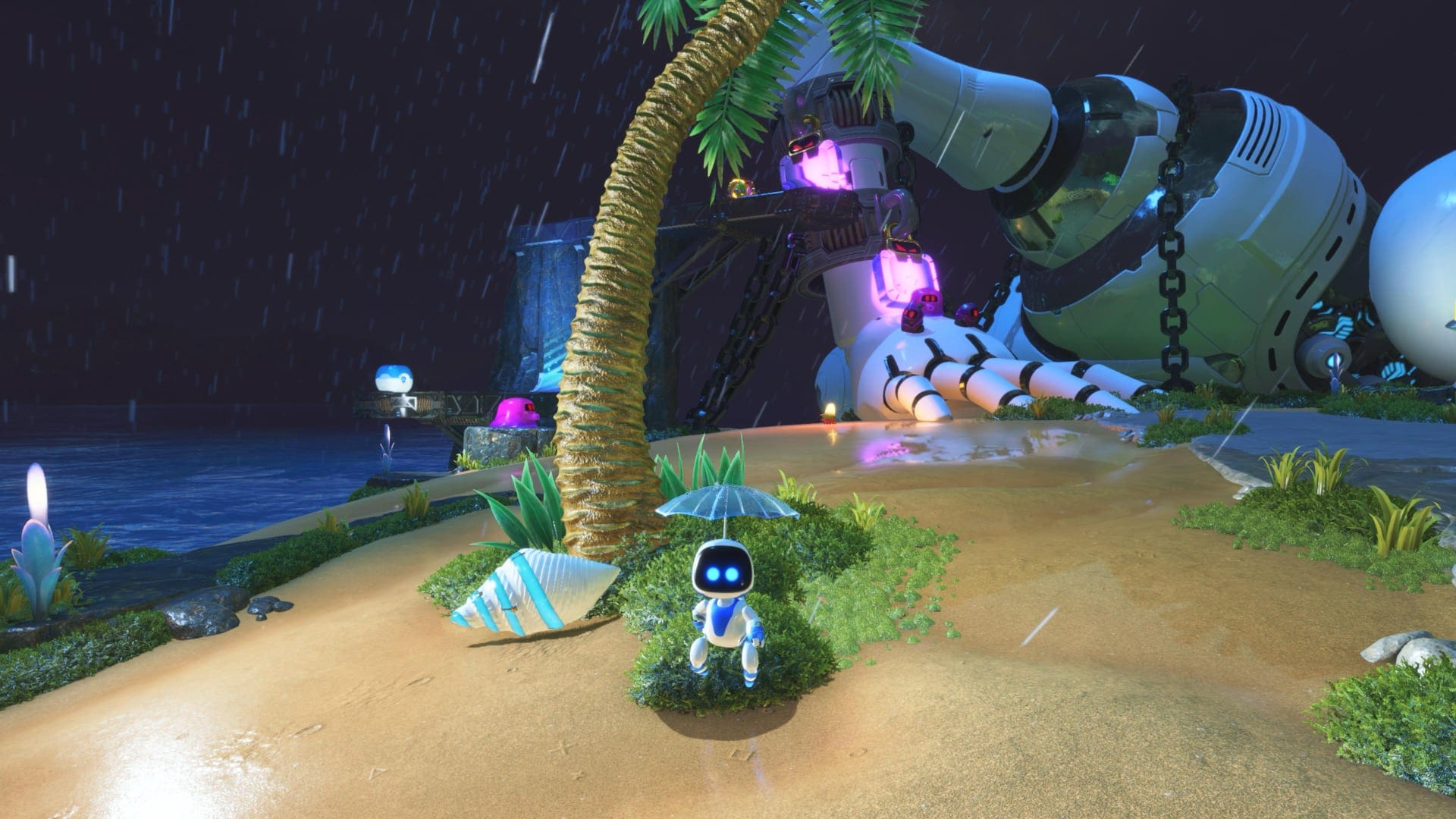 A screenshot from the PlayStation 5 game Astro Bot showing Astro Bot in the rain with an umbrella over his head.