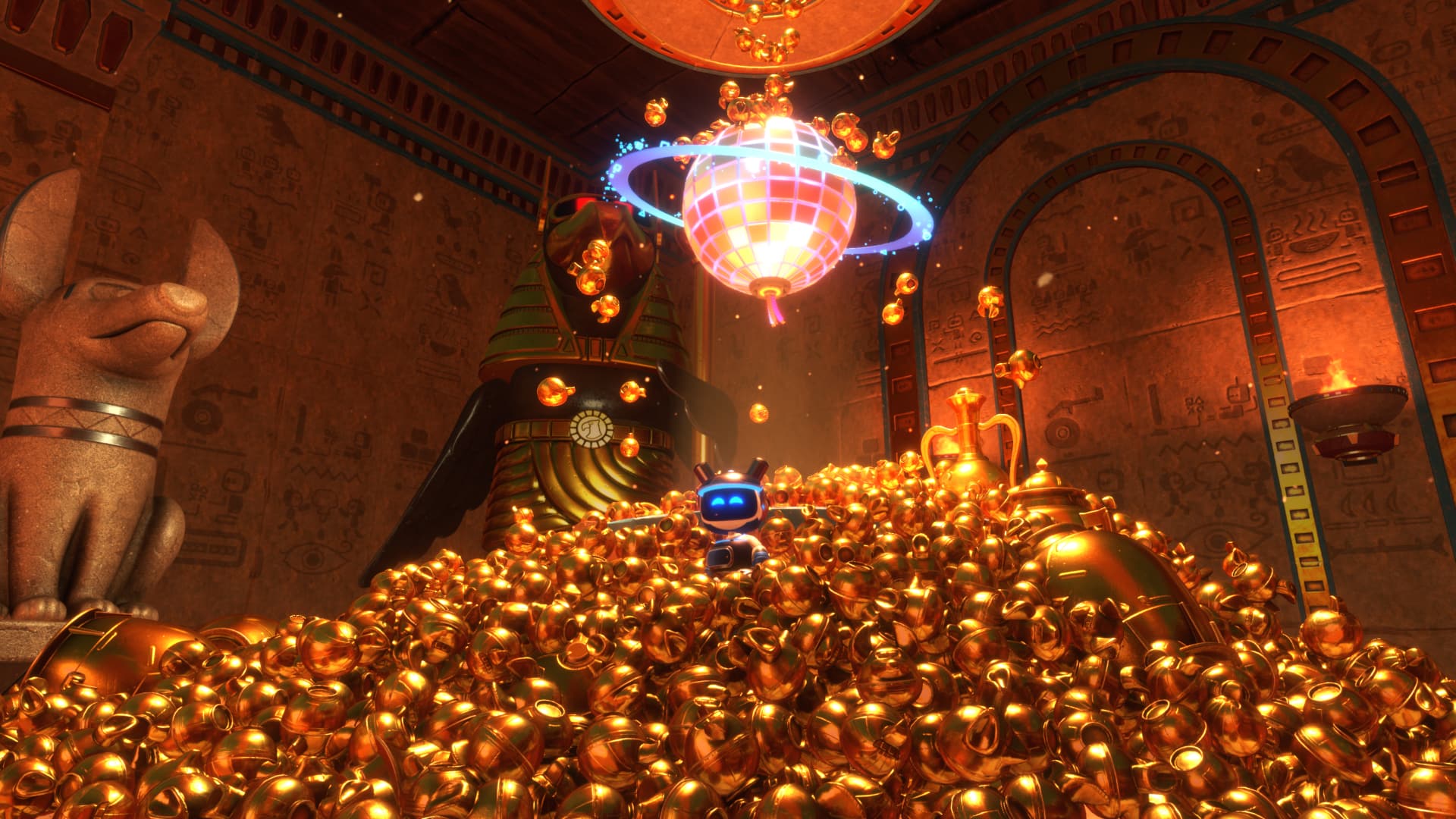 A screenshot from the PlayStation 5 game Astro Bot showing an enormous mound of treasure.