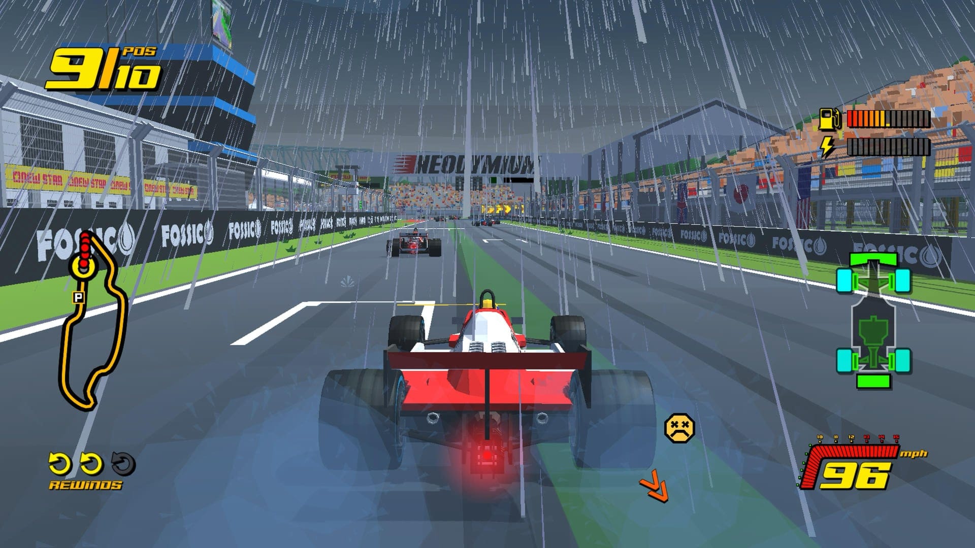 A screenshot from the PlayStation 5 game New Star GP showing a stylized Formula 1 race in the rain.