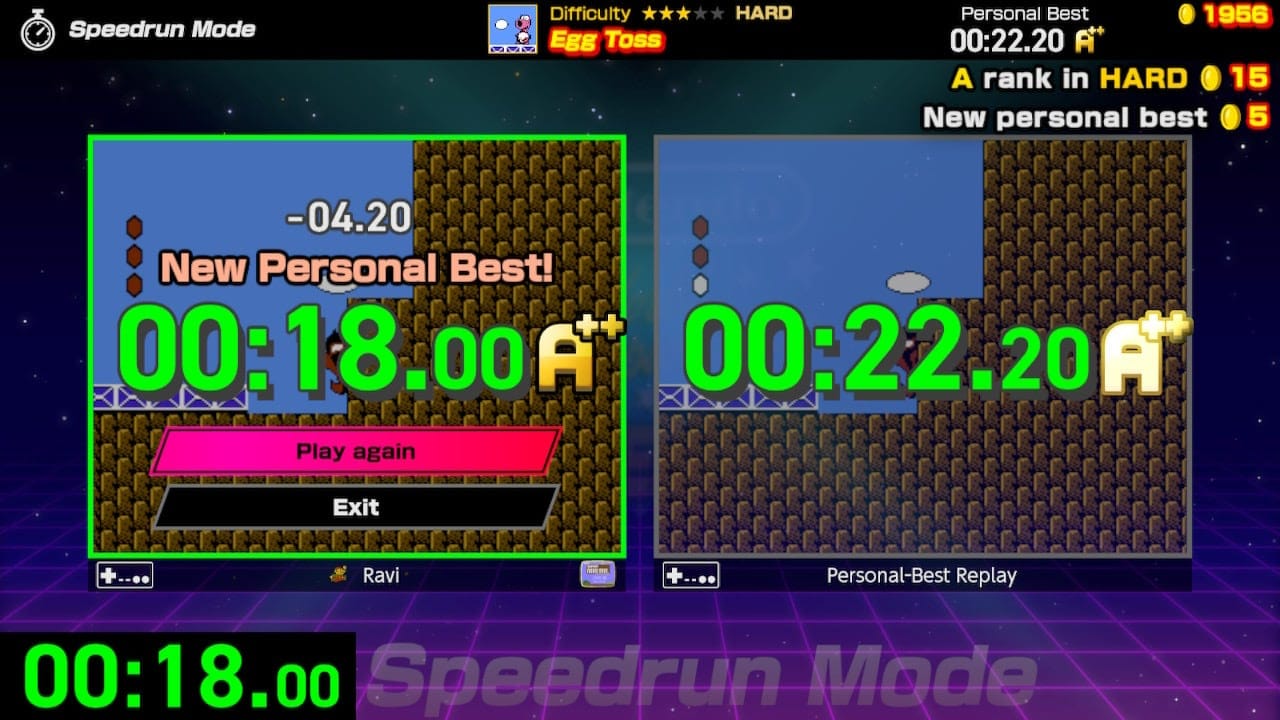  A screenshot from the Nintendo Switch game Nintendo World Championships showing a player getting a new personal best time.