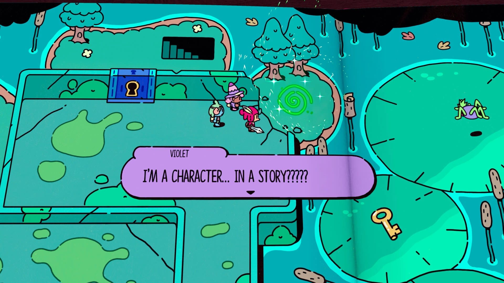 A screenshot from the PlayStation 5 game The Plucky Squire showing cartoon characters inside a storybook.