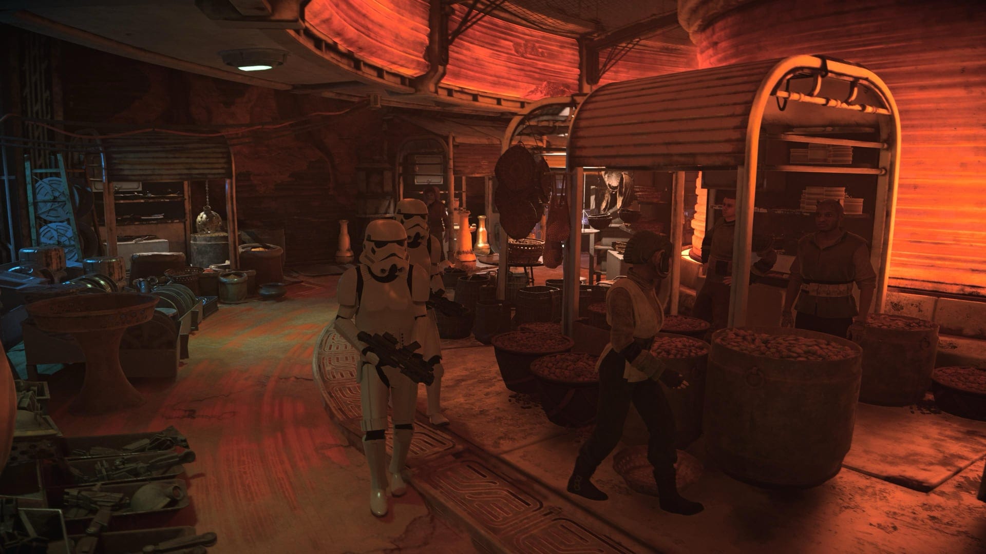 A screenshot from the PlayStation 5 game Star Wars Outlaws showing two stormtroopers in a market.