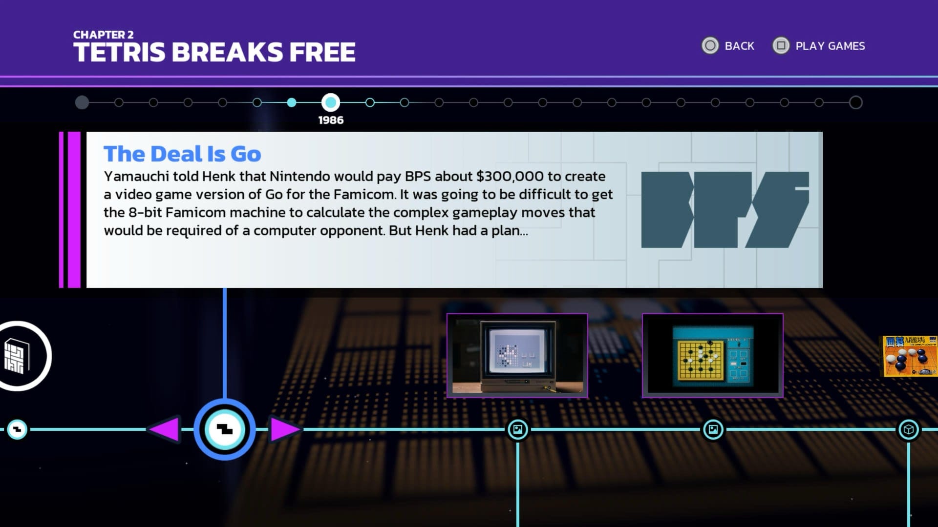 A screenshot from the PlayStation 5 game Tetris Forever showing the history of Tetris.