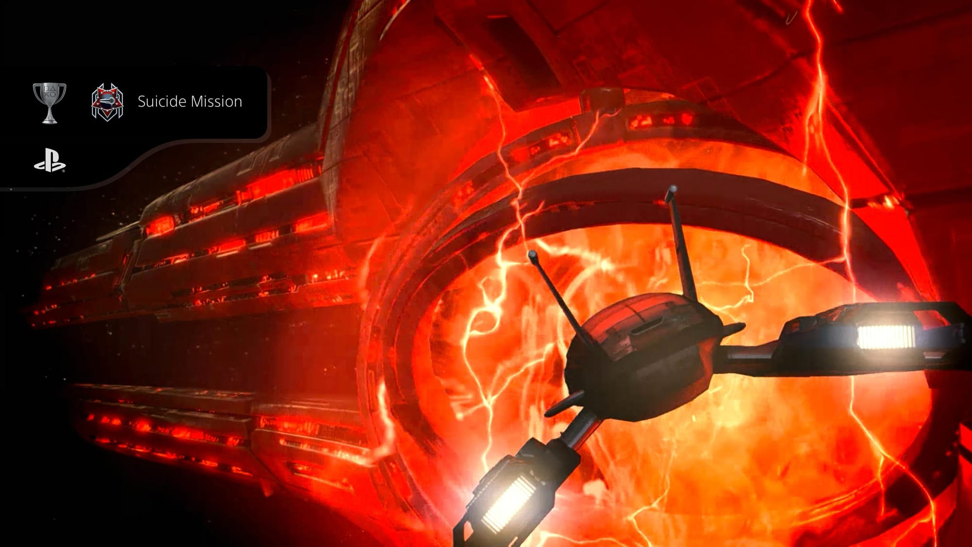 A screenshot from the video game Mass Effect 2 showing a space ship flying towards an alien object.