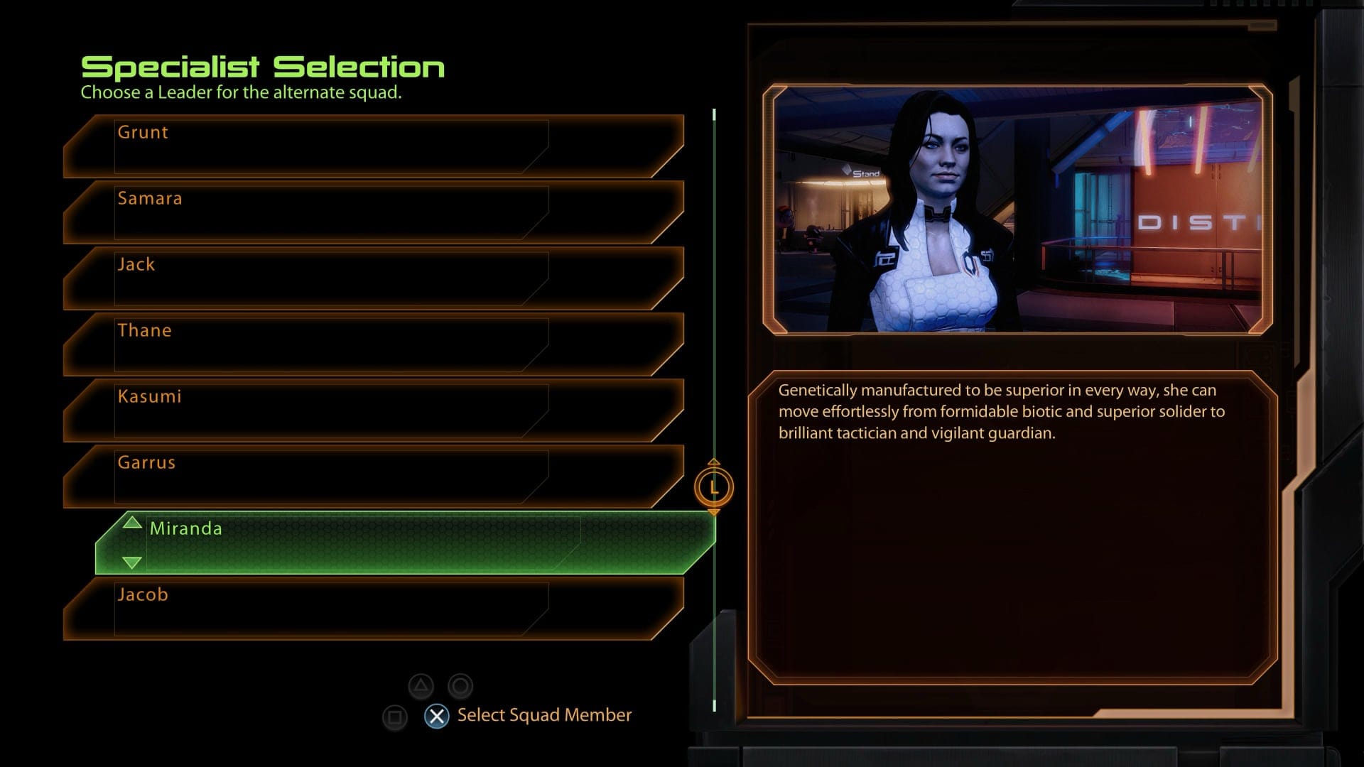 A screenshot from the video game Mass Effect 2 showing a choice between several squad members.