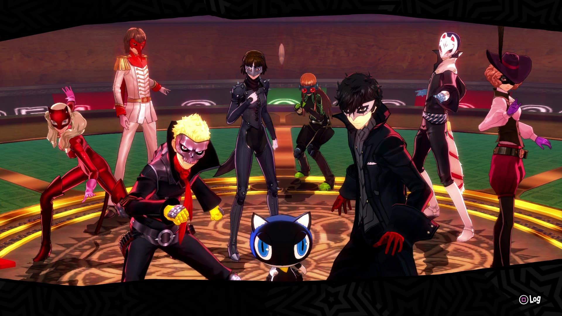 A screenshot from Persona 5, showing 8 costumed heroes facing the screen.