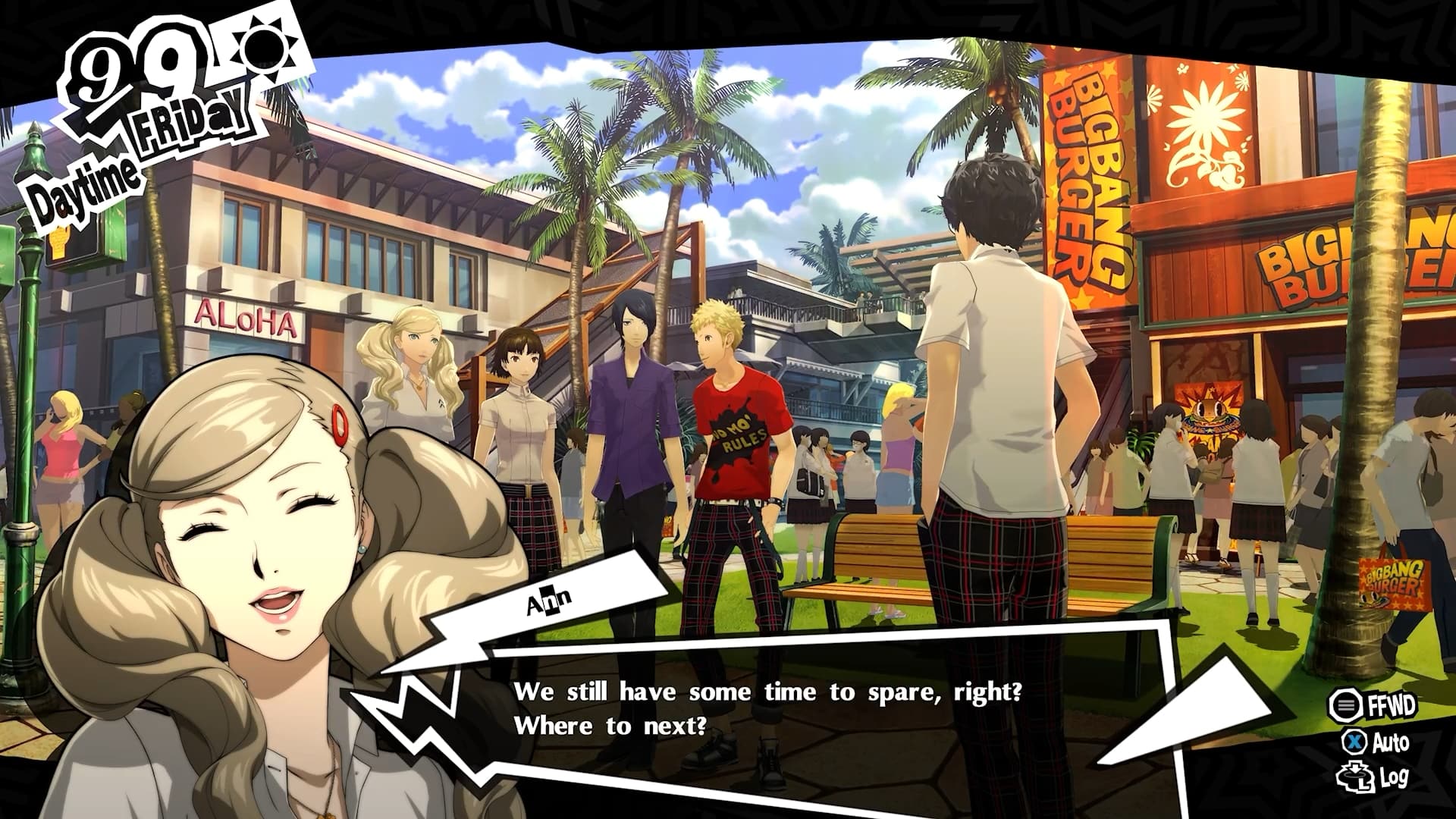 A screenshot from Persona 5, showing the character Ann smiling and saying they have time to spare.