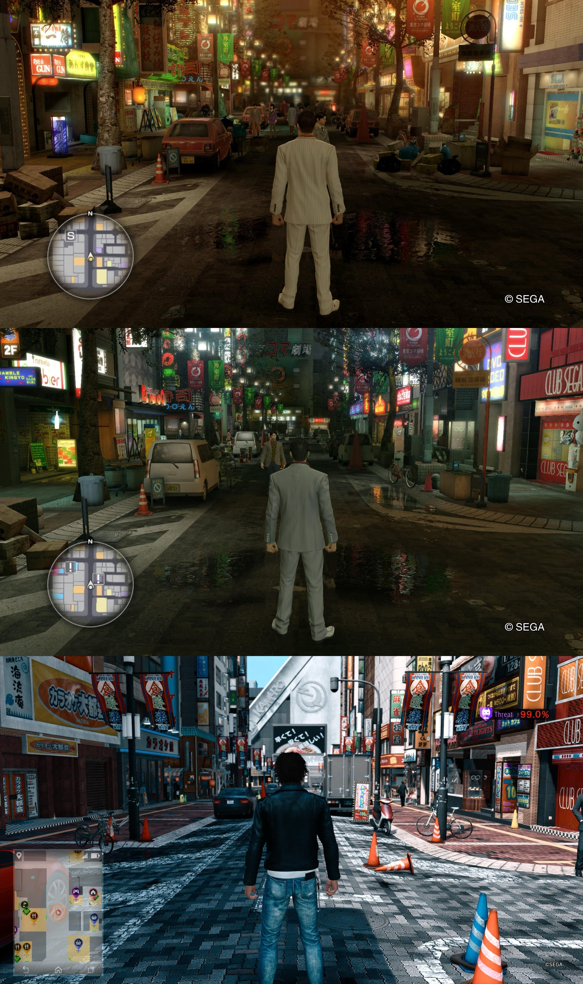 Three screenshots from the same location from games set in 1988, 2005 and 2018.