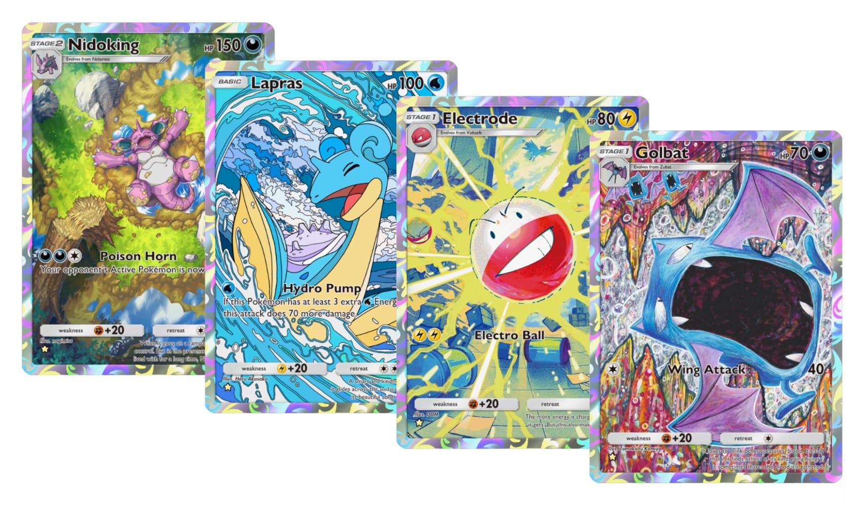 Four Pokémon cards with varying art styles.