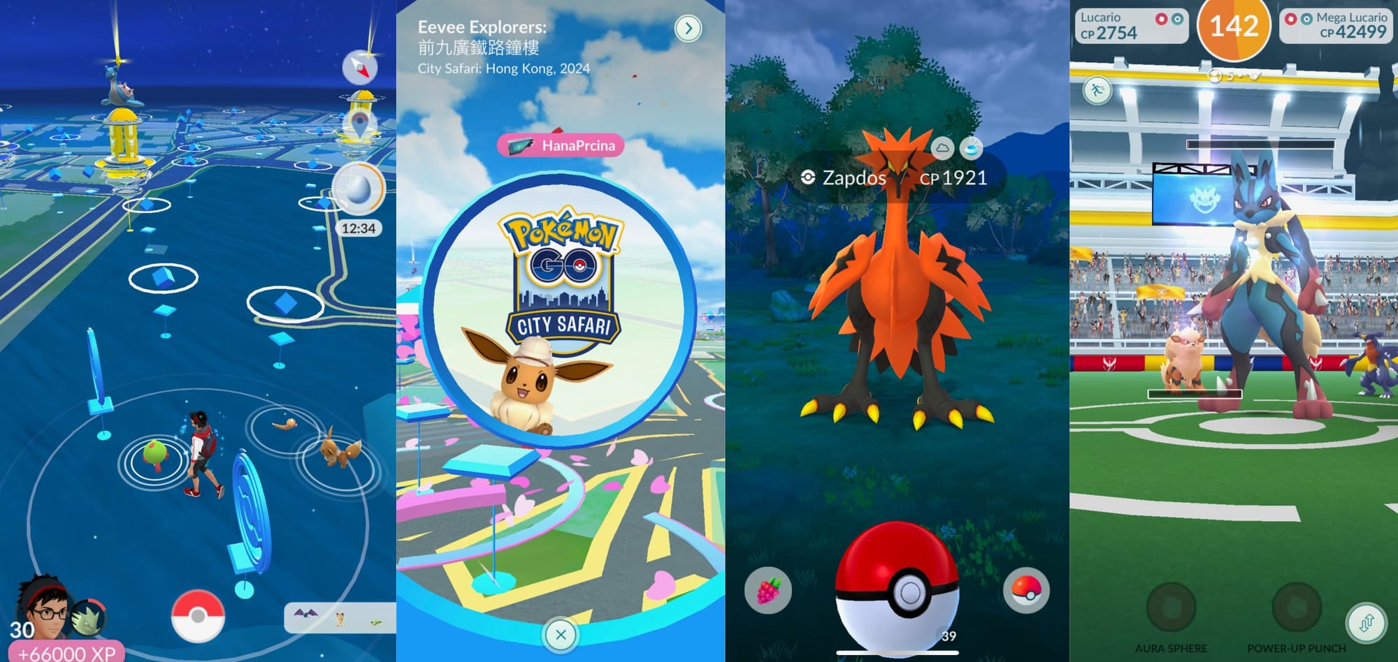 Four Pokémon Go screenshots showing the map, catching and battling.