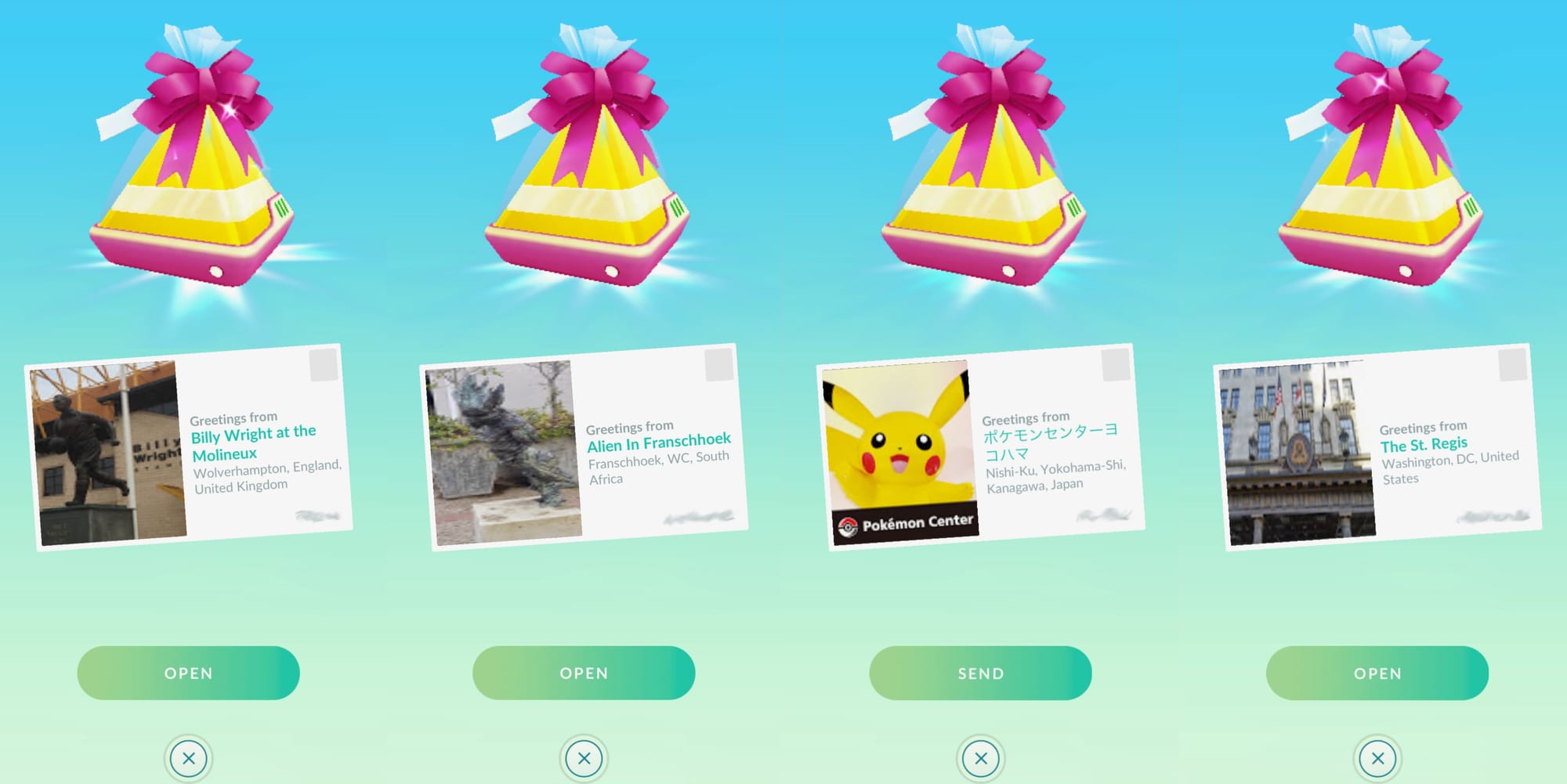 Four gifts in Pokémon Go display postcards with real locations attached.