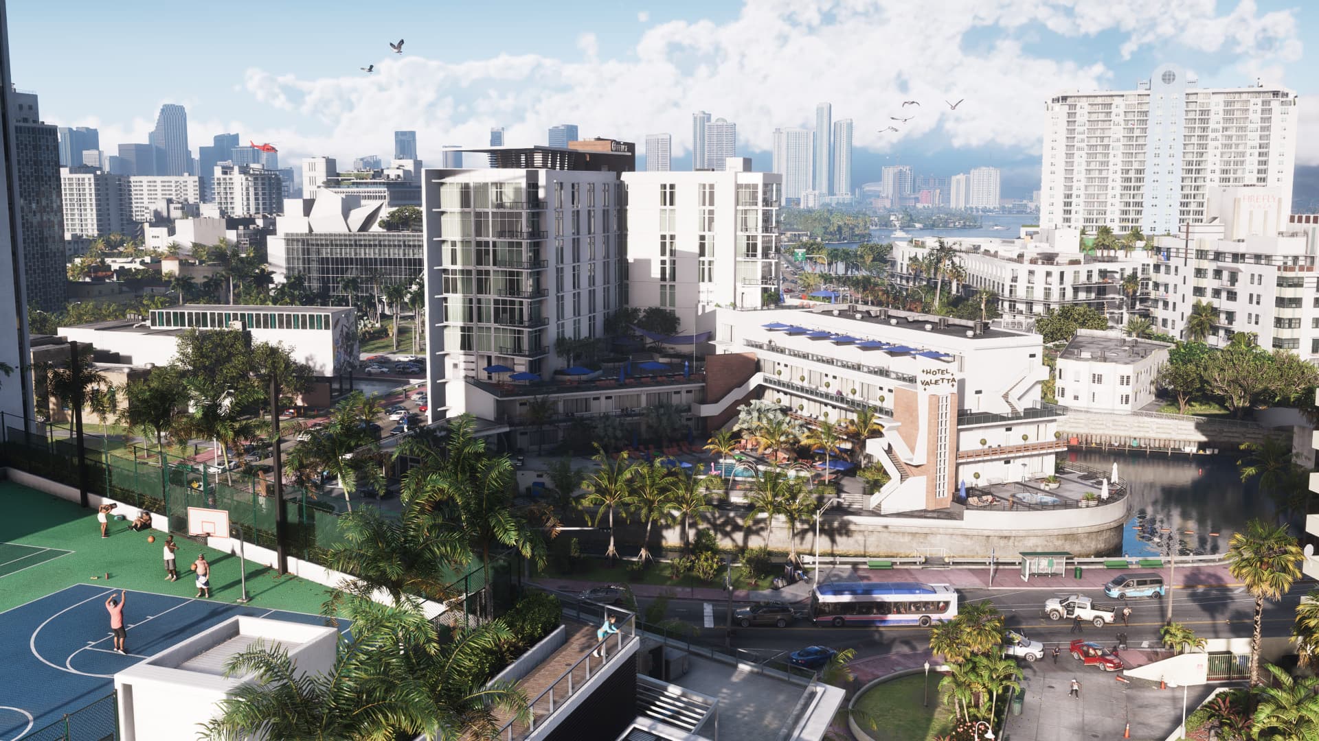 A screenshot from GTA VI showing a large Miami-like cityscape.