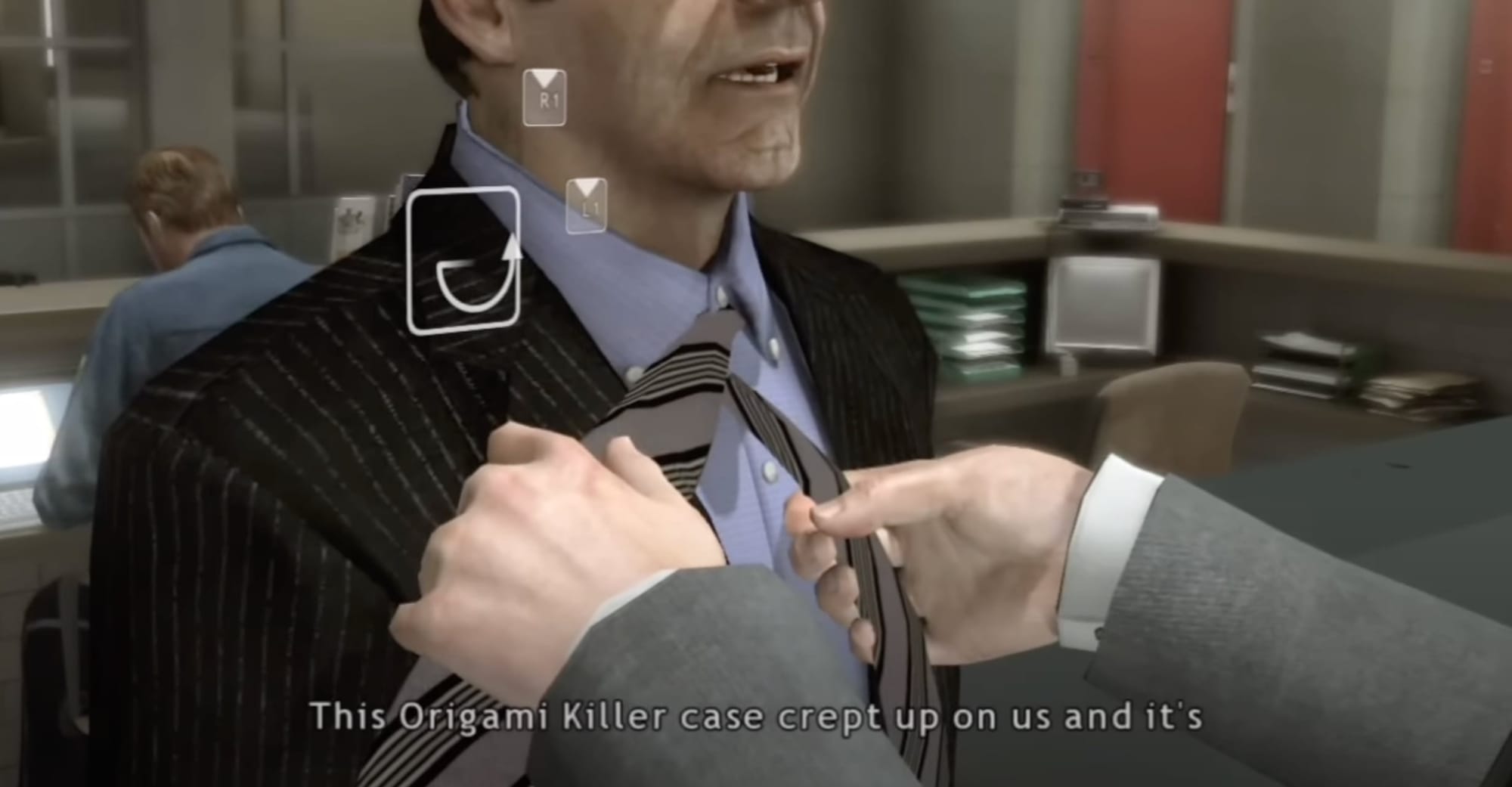 A screenshot from the game Heavy Rain showing a necktie being tied.