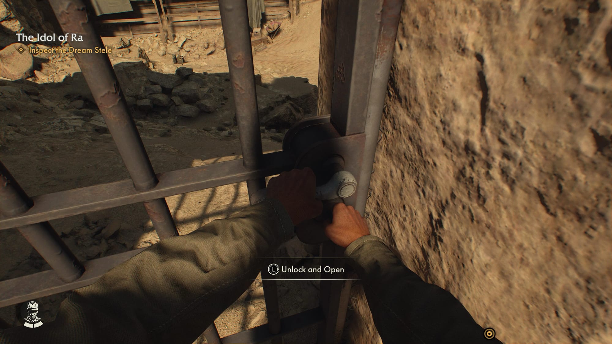 A screenshot from the game Indiana Jones and the Great Circle showing a prompt to unlock a door by pushing right on the control stick.