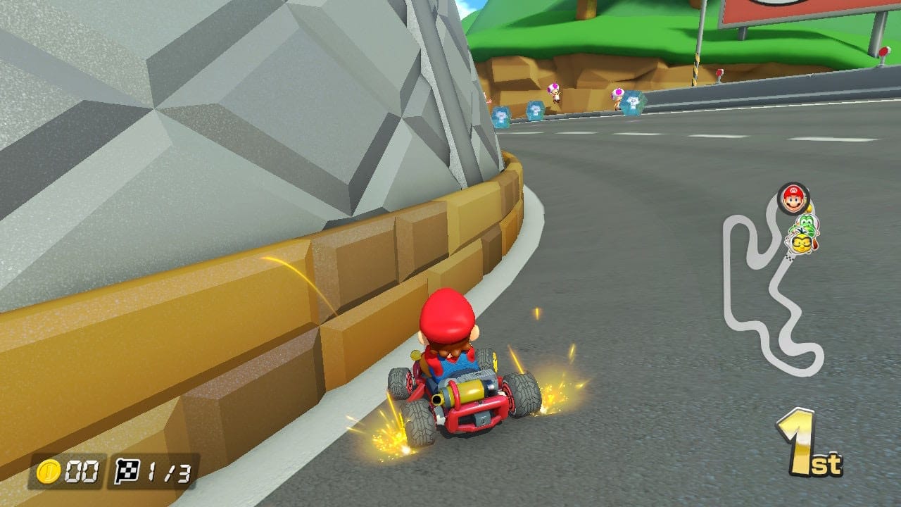 A screenshot from the Nintendo Switch game Mario Kart 8 Deluxe showing Mario racing on Shroom Ridge.