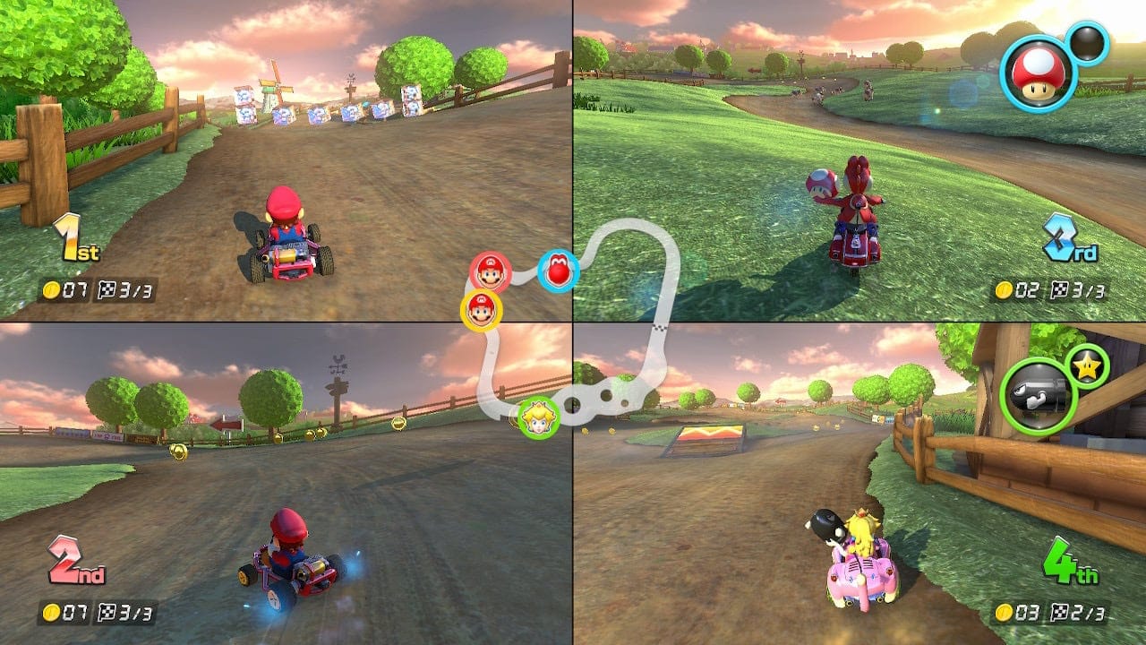 A screenshot from the Nintendo Switch game Mario Kart 8 Deluxe showing 4-player split-screen multiplayer.