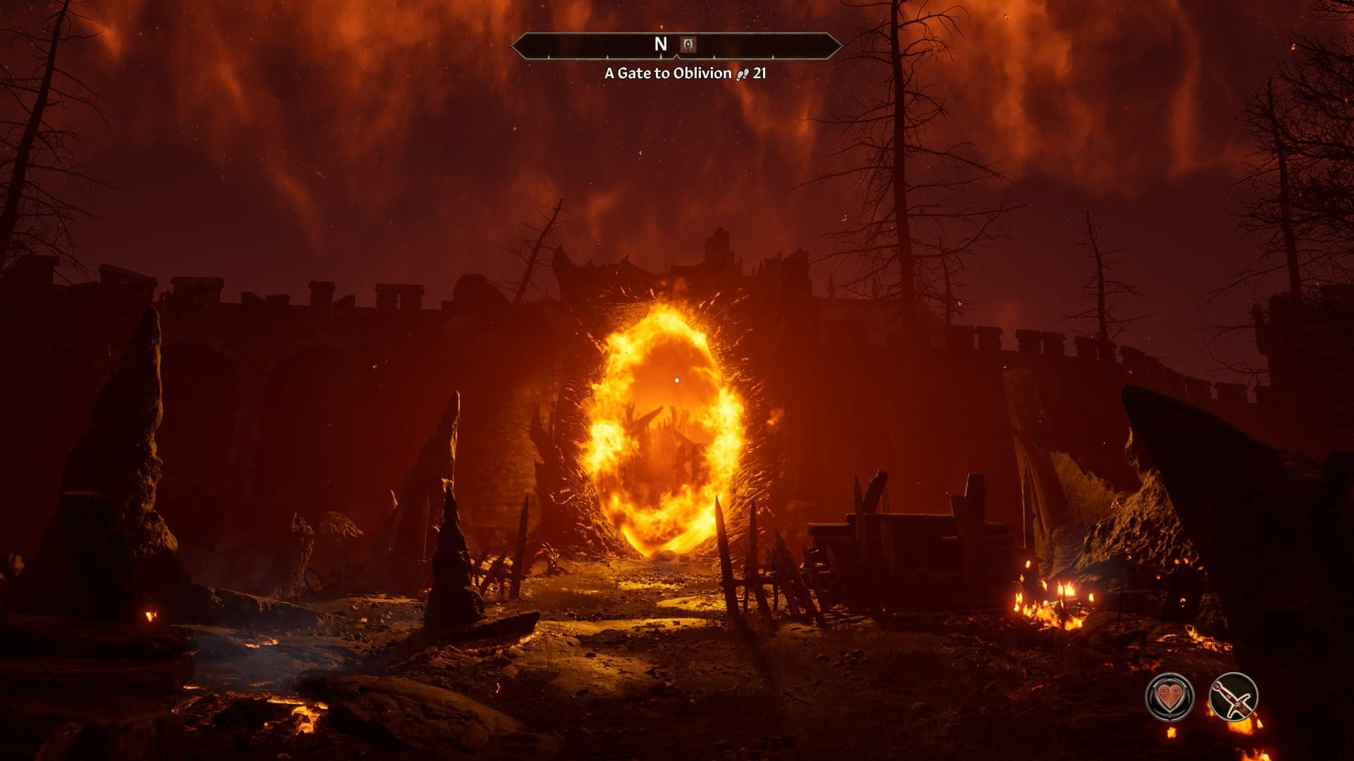 A screenshot showing a fiery dimensional gate from the PlayStation 5 version of the video game Oblivion Remastered.