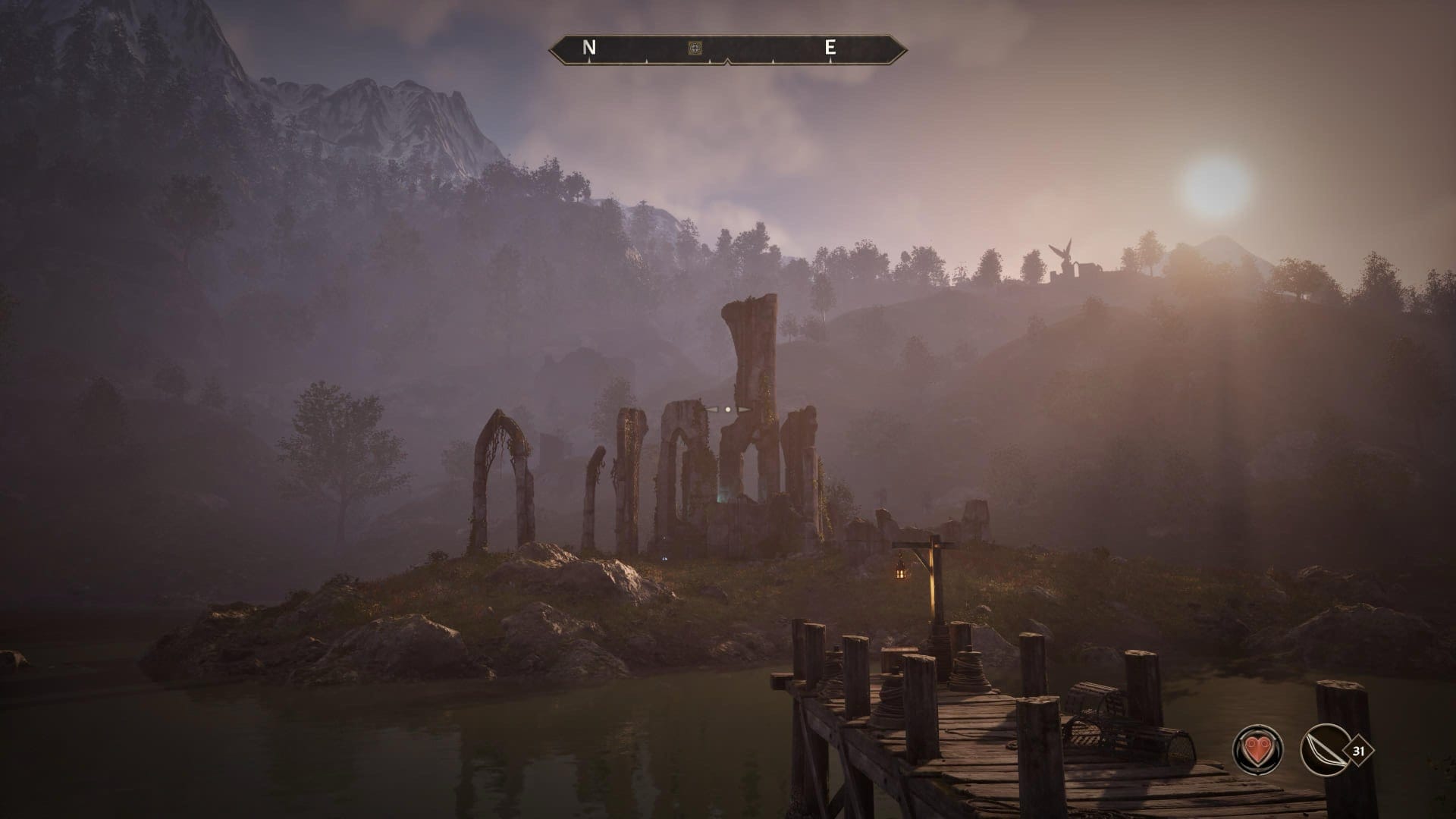 A screenshot showing ruins on a lake from the PlayStation 5 version of the video game Oblivion Remastered.