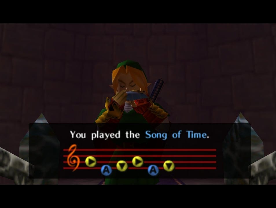 A screenshot from the game The Legend of Zelda: Ocarina of Time showing Link playing the Song of Time.