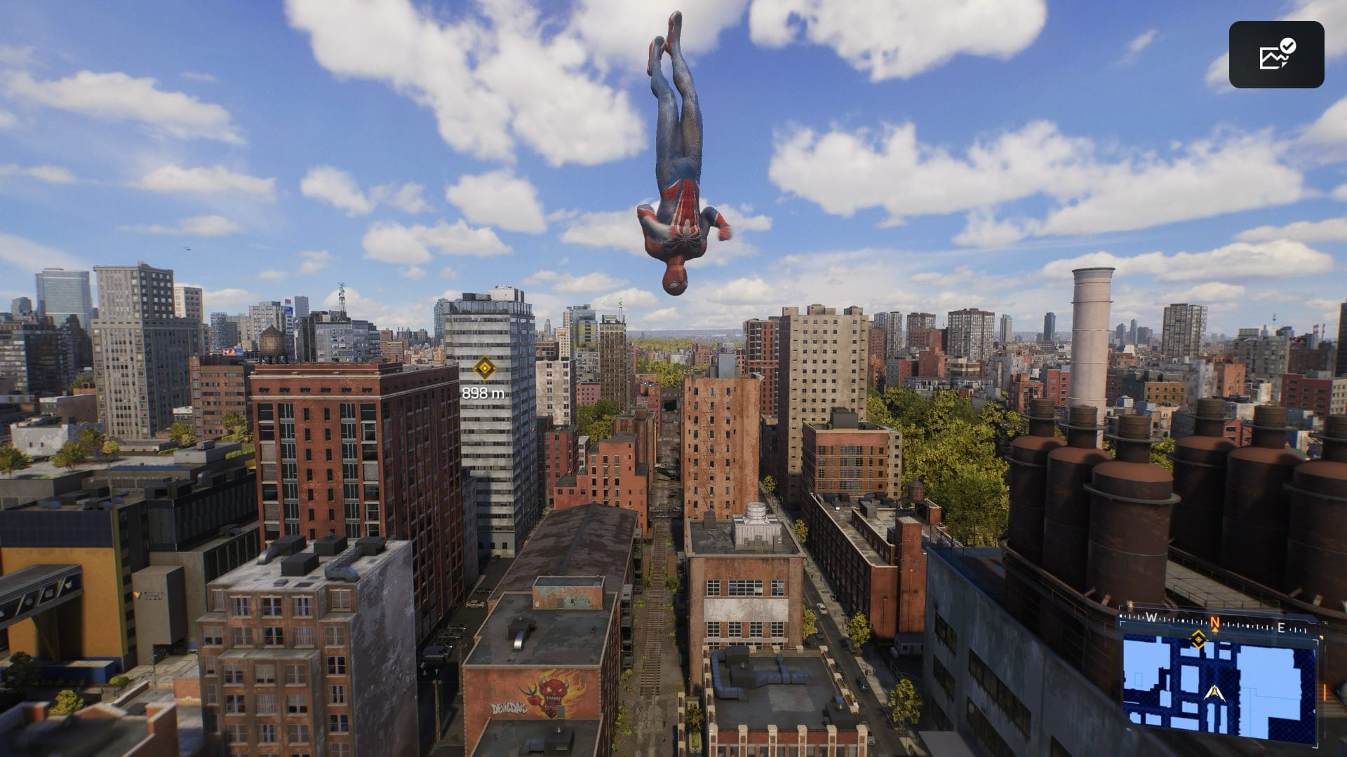 A screenshot showing Spider-Man flying through the air in the game Marvel's Spider-Man 2.