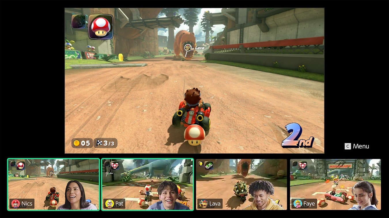 A screenshot from GameChat on Nintendo Switch 2 showing live feeds from multiple players.