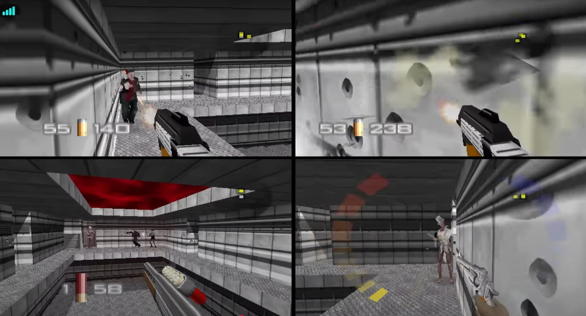 A screenshot of the multiplayer mode of the game GoldenEye 007.