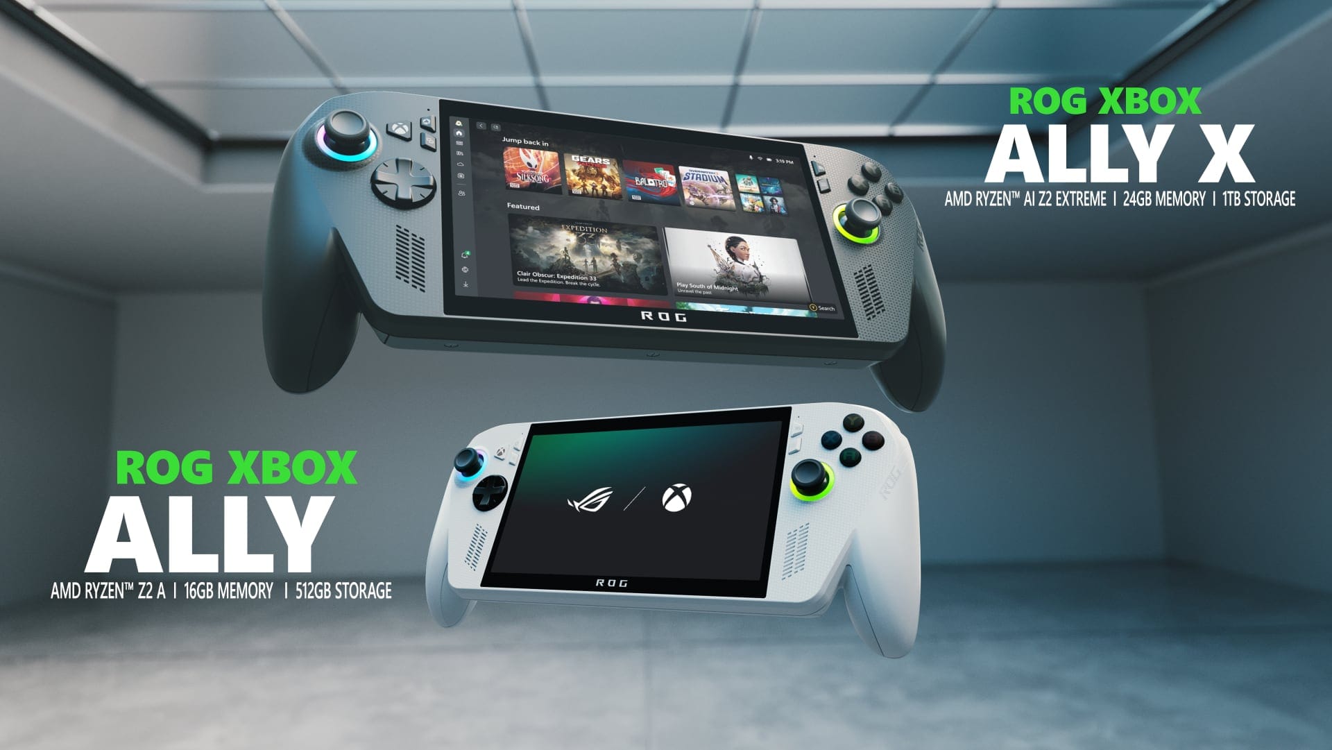 The black ROG Xbox Ally X and white ROG Xbox Ally handheld gaming PCs.