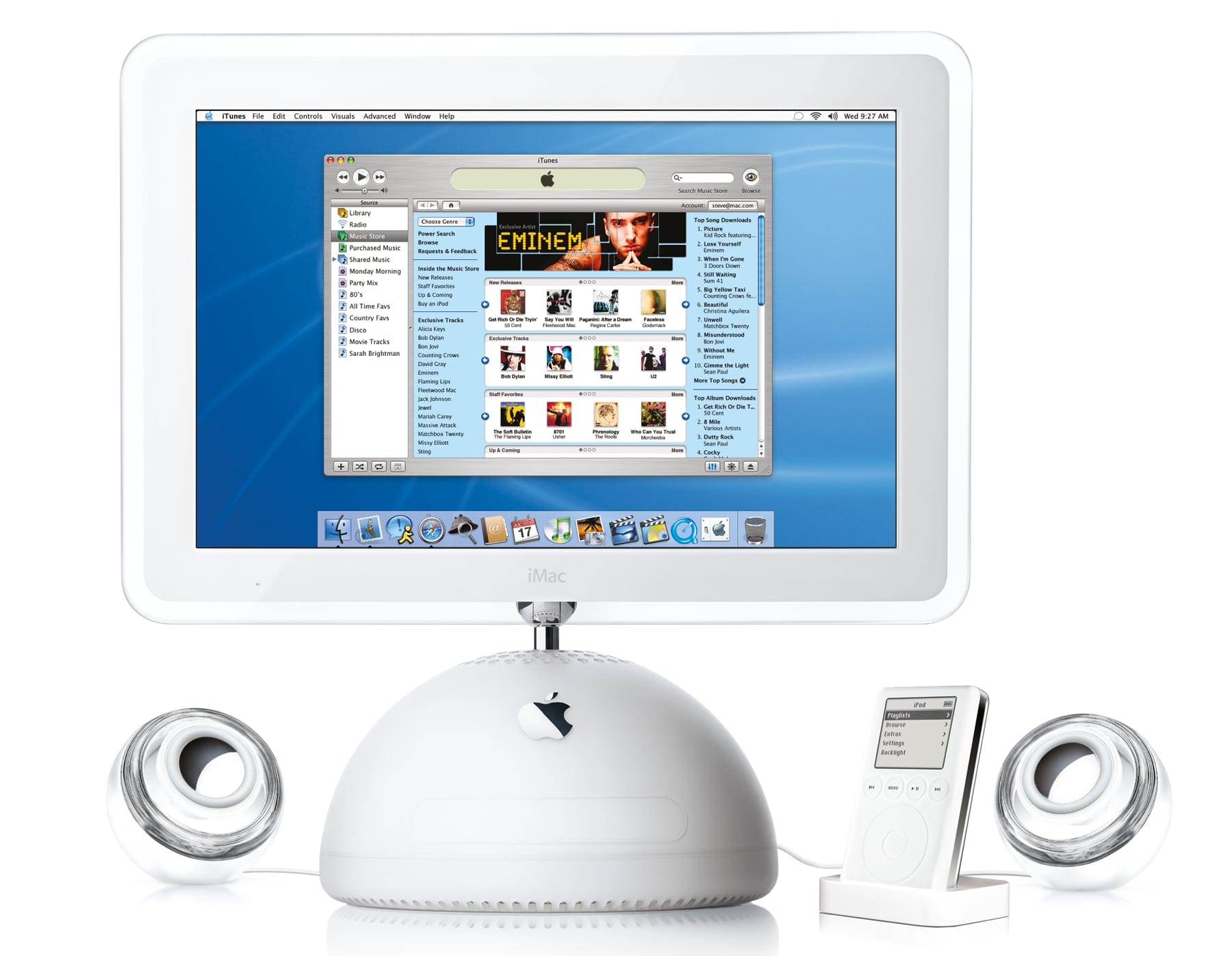 An iMac G4 from 2003 with an iPod 3G.