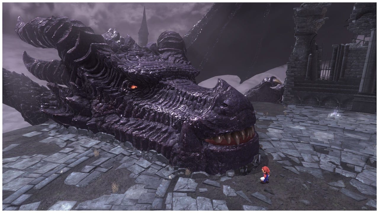 A screenshot from Super Mario Odyssey showing a realistic dragon atop a ruined castle.