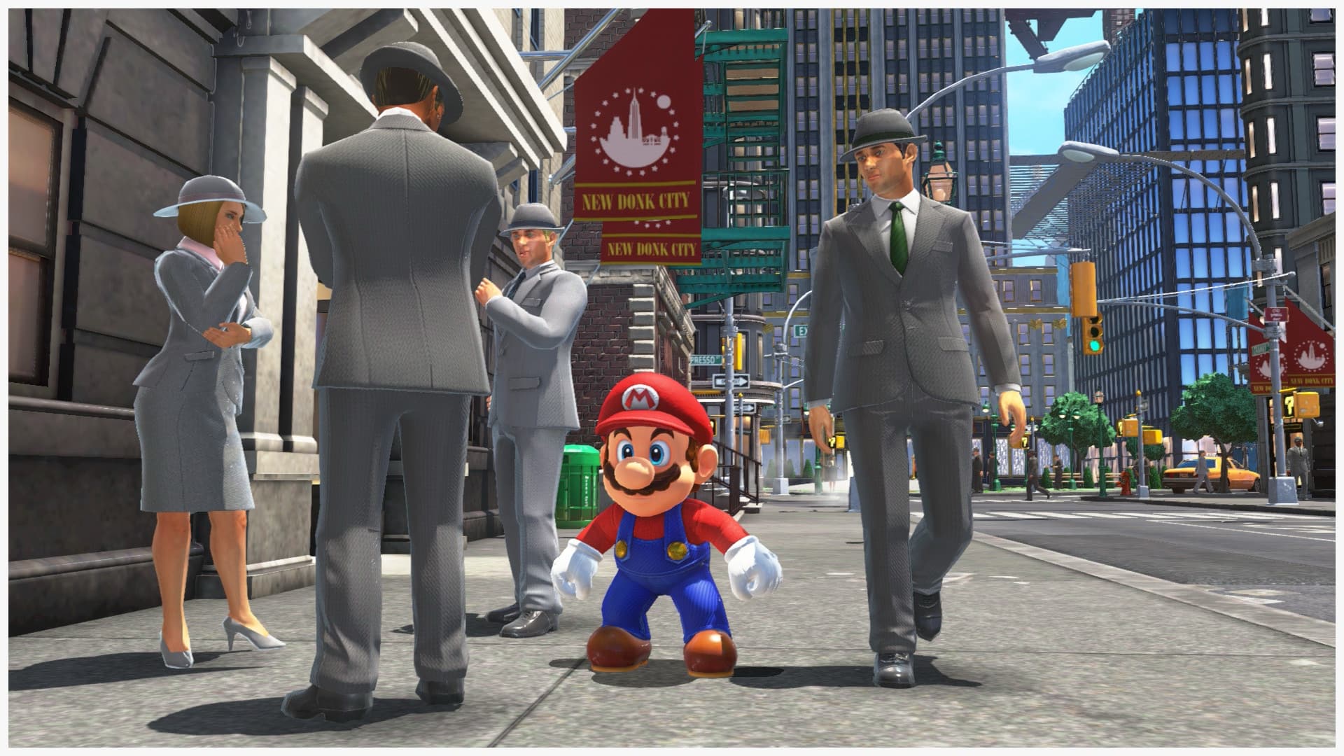 A screenshot from Super Mario Odyssey showing Mario's cartoonish body shape next to some realistic looking city residents.