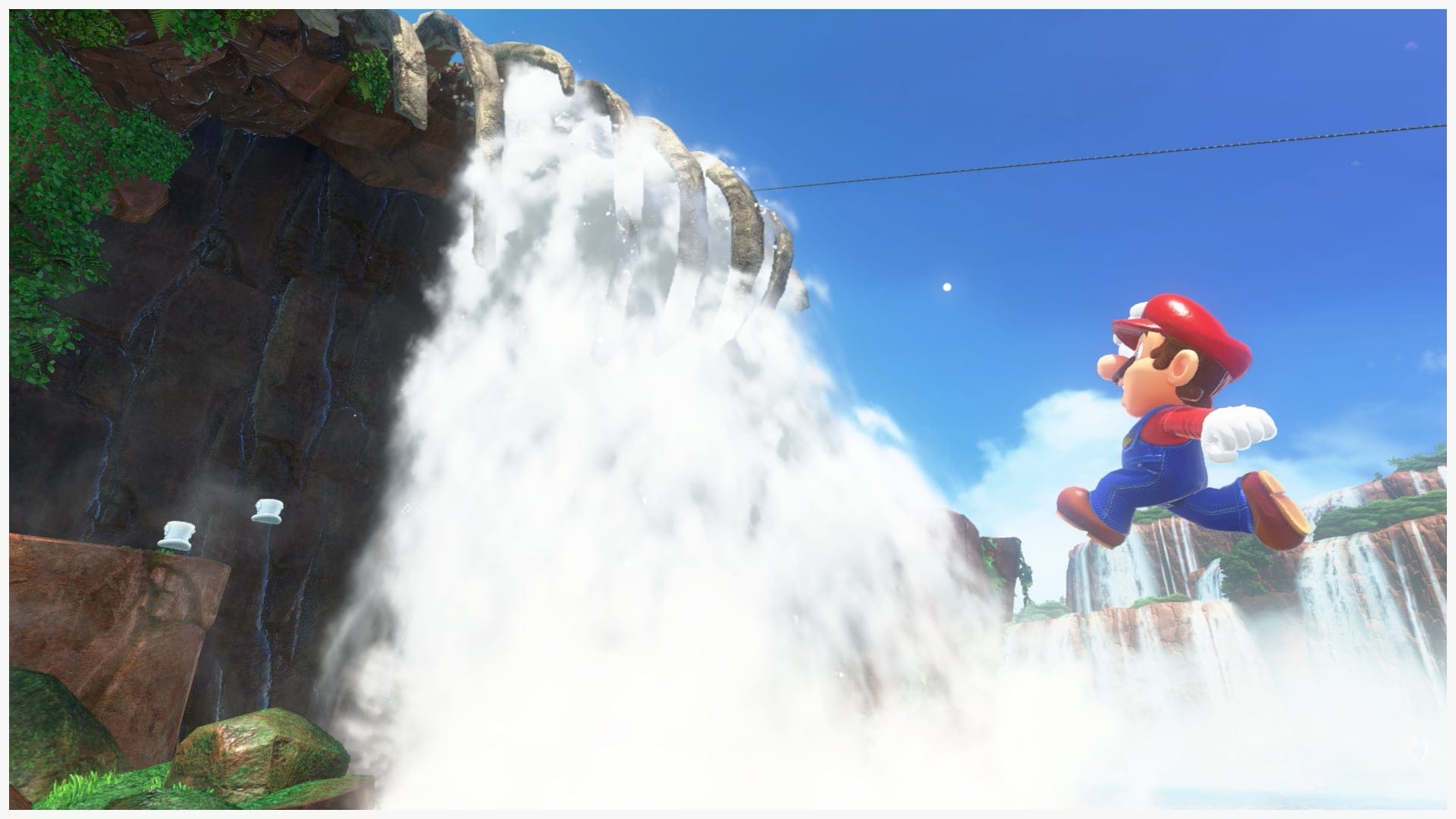 A screenshot from Super Mario Odyssey showing Mario jumping towards a large waterfall.