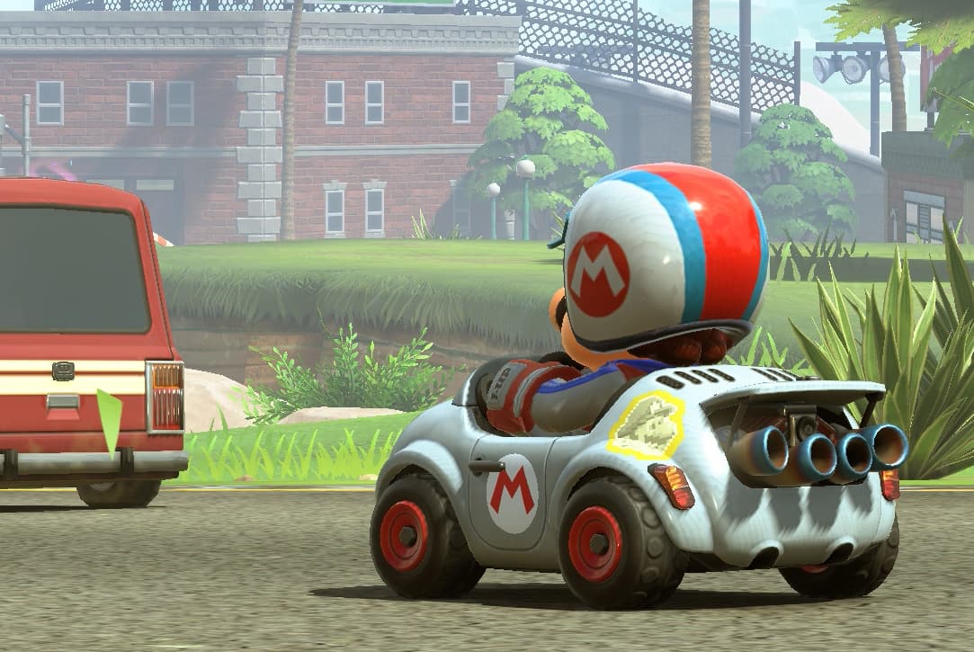 A screenshot from Mario Kart World on Nintendo Switch 2 showing a sticker on the back of Mario's car.