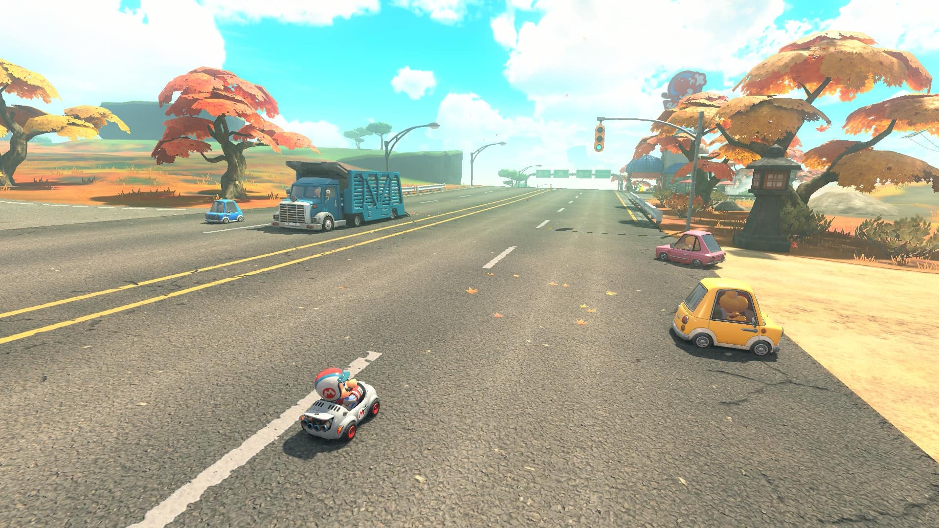 A screenshot from Mario Kart World on Nintendo Switch 2 showing a very long, straight road.