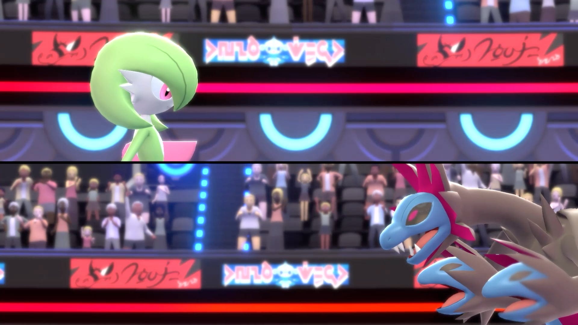 A split-screen showing the Pokémon Gardevoir and Hydregion.