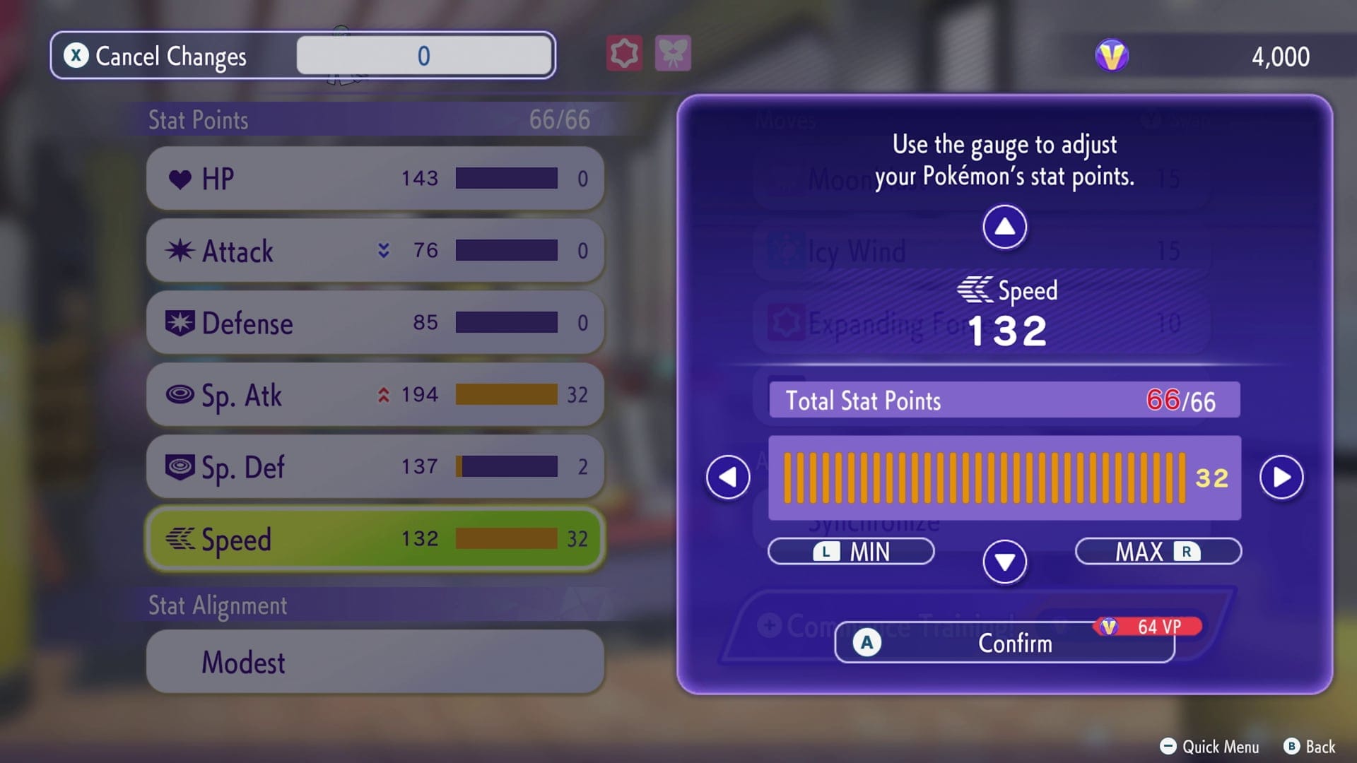 A screenshot from the game Pokémon Champions showing direct stat editing.