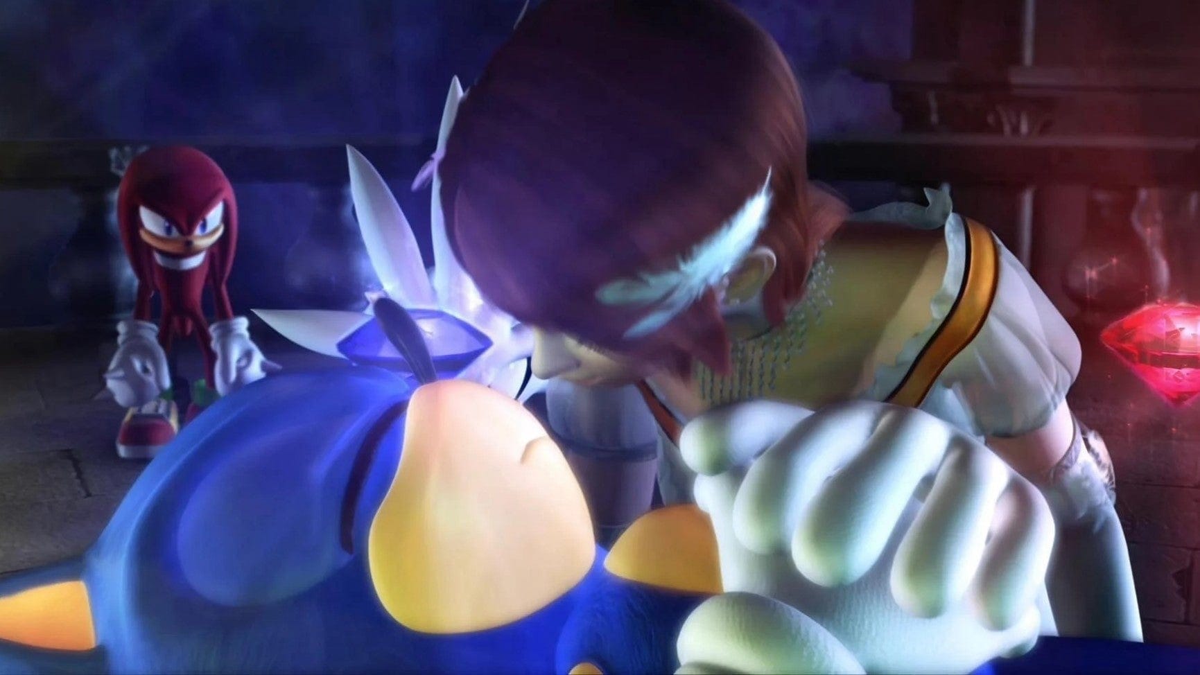 A screenshot from the 2006 Sonic the Hedgehog game where he shares a kiss with a human girl.