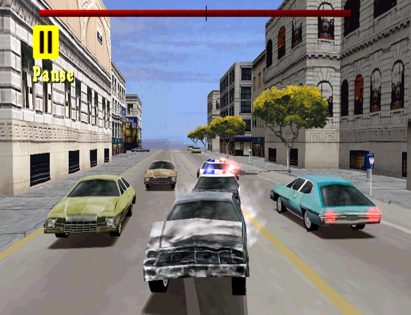 A screenshot showing a car chase from the PlayStation 1 game Driver.