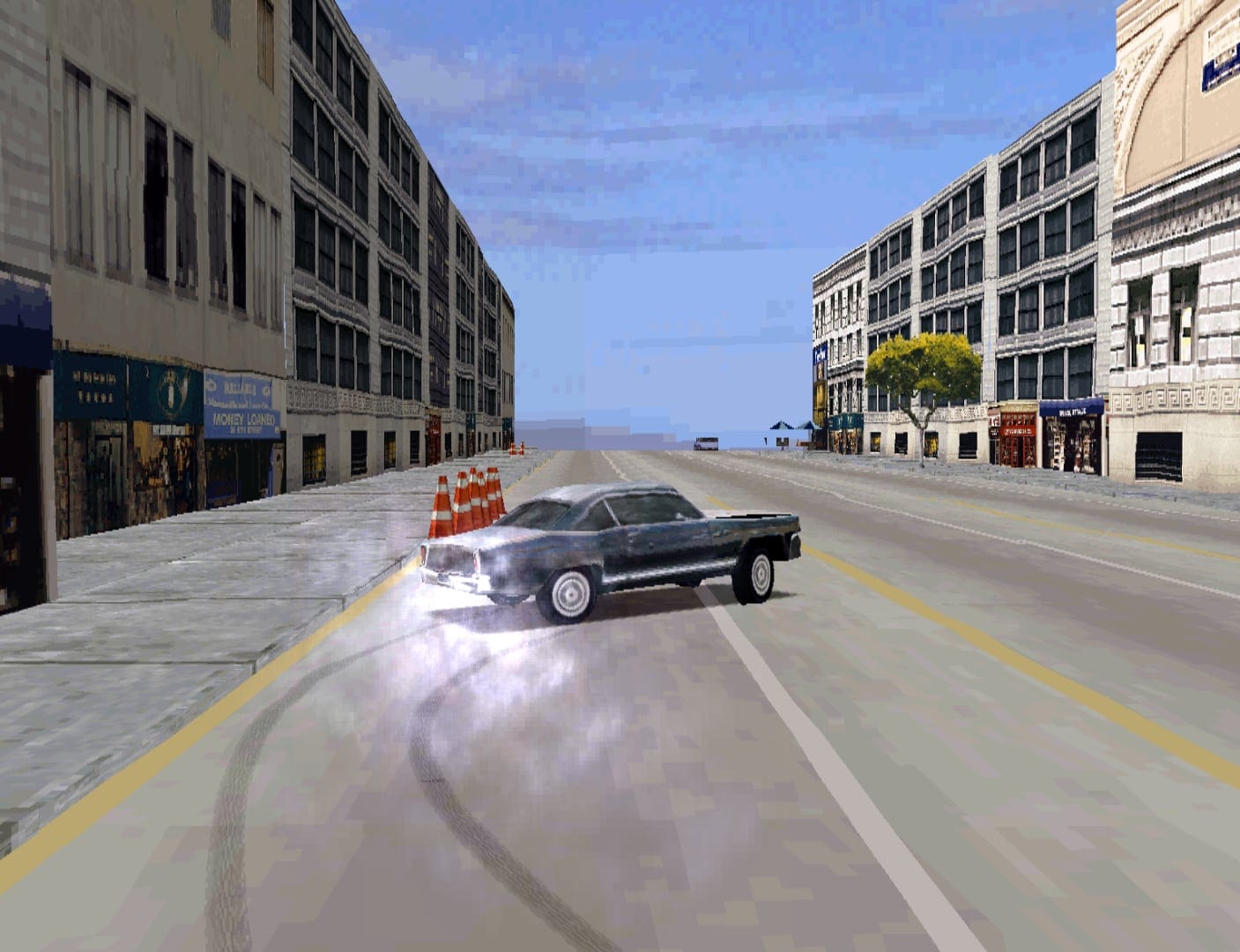 A screenshot showing the car from the PlayStation 1 game Driver doing a drift.
