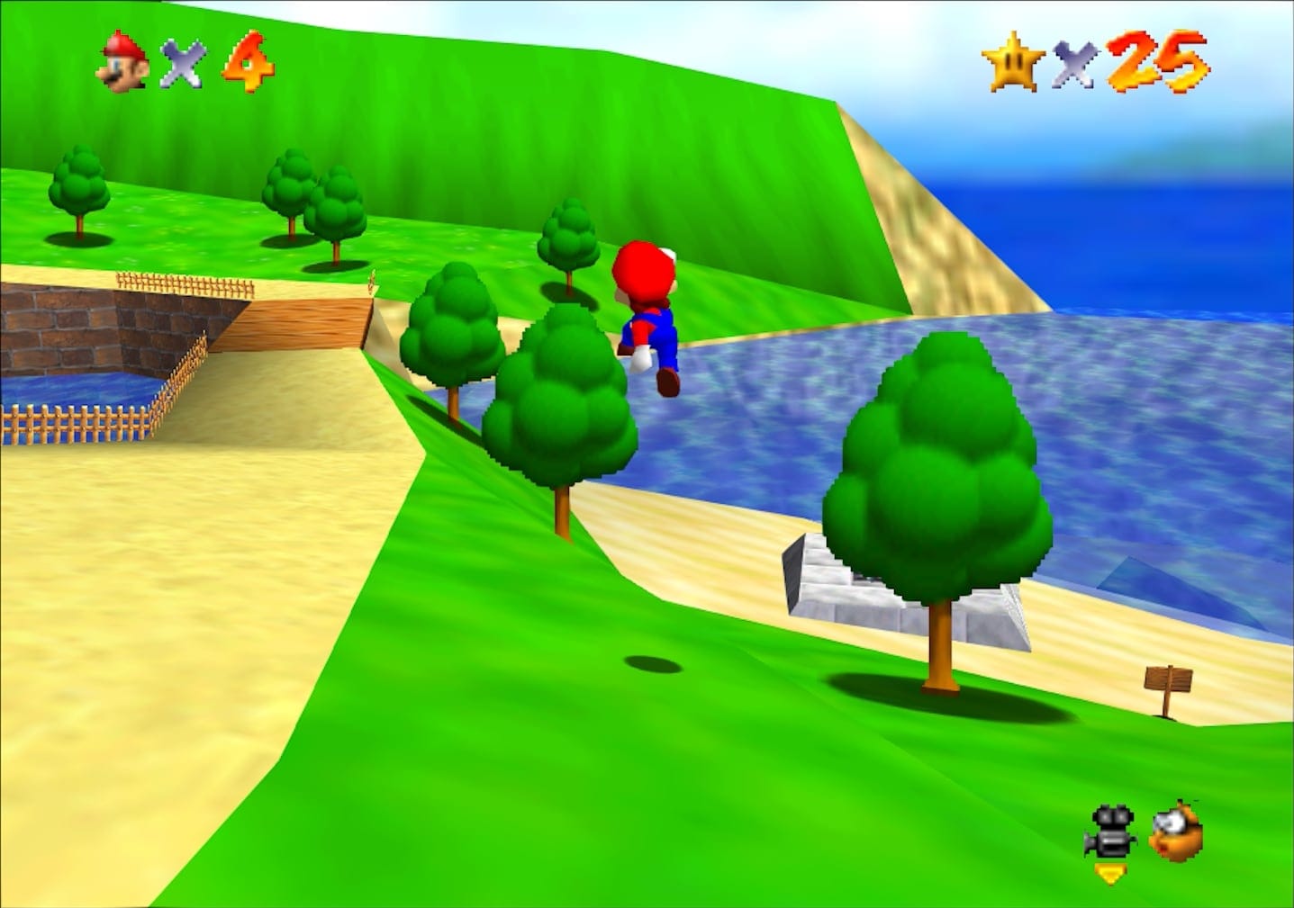 A screenshot showing the castle grounds from the Nintendo 64 game Super Mario 64.