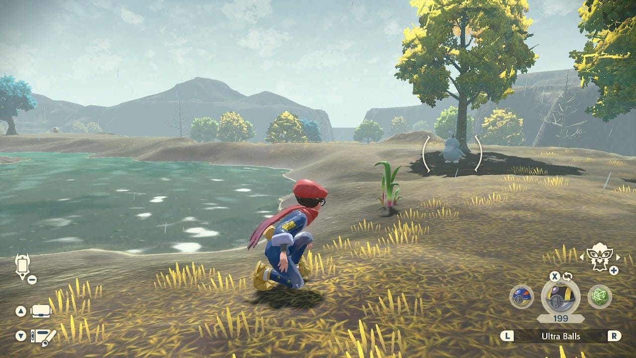 A screenshot from the game Pokémon Legends: Arceus where the player crouches near a shiny Psyduck.