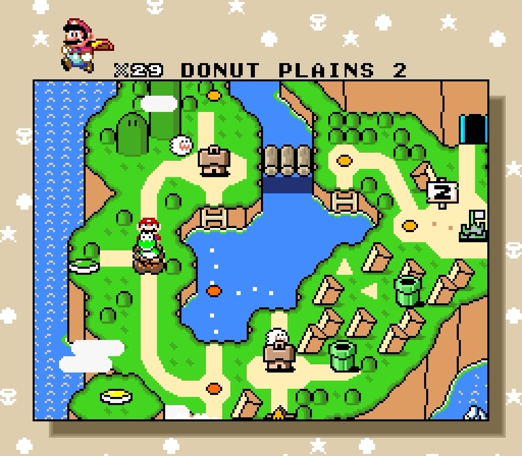A screenshot from Super Mario World showing the intricate overworld map.