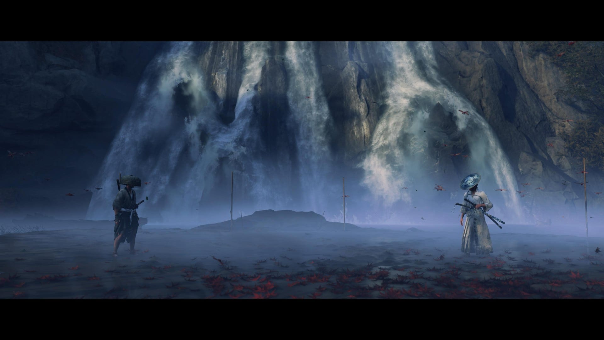 A screenshot from Ghost of Yōtei on PlayStation 5 showing Atsu engaged in a duel in front of a waterfall.