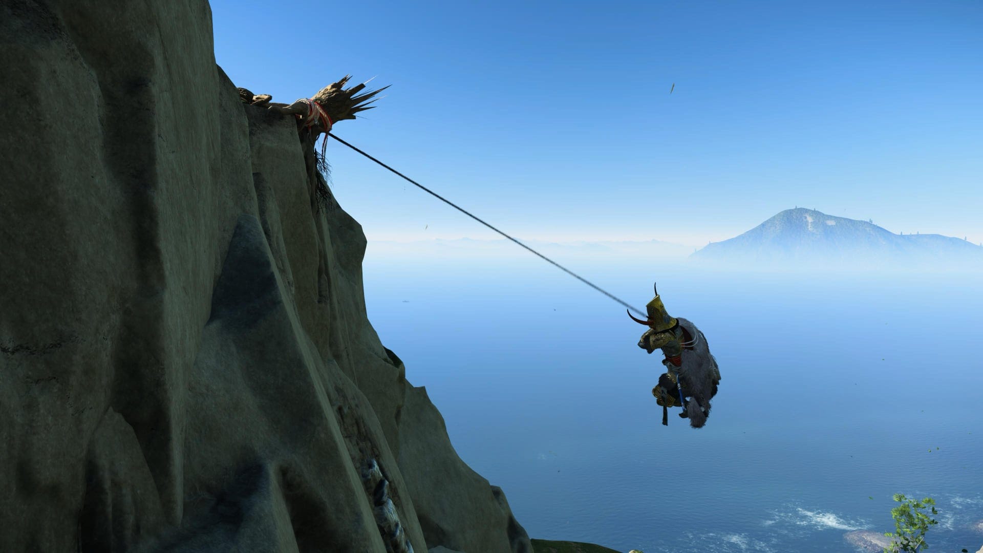 A screenshot from Ghost of Yōtei on PlayStation 5 showing Atsu swinging from a grappling hook.
