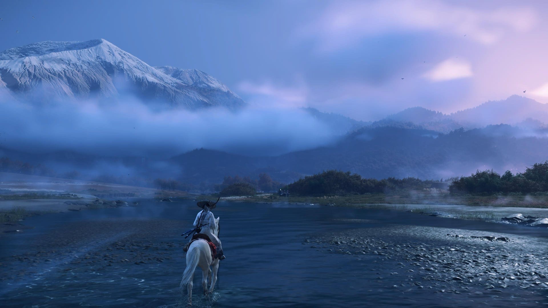 A screenshot from Ghost of Yōtei on PlayStation 5 showing Atsu riding through a vast landscape.