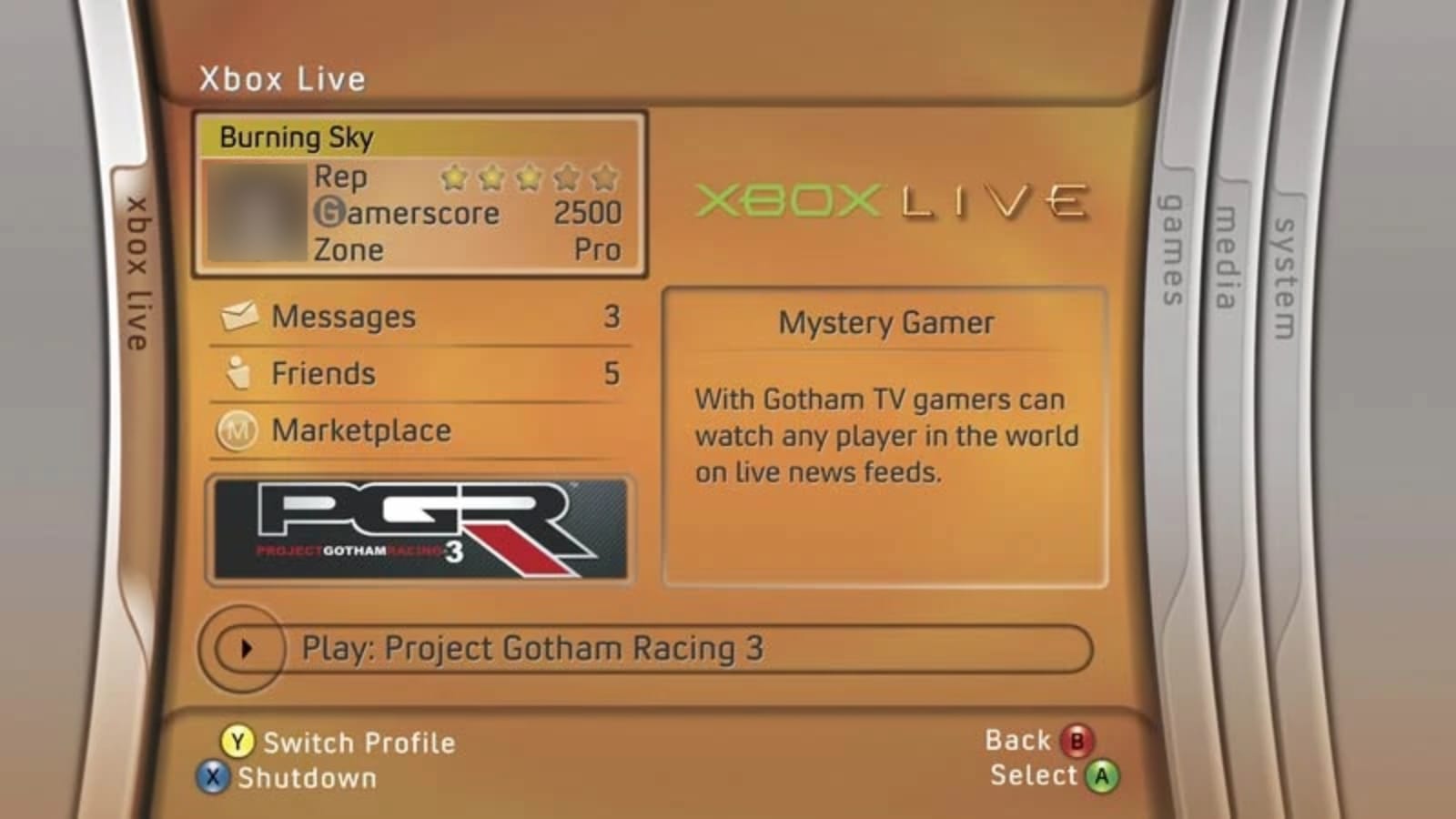 Screenshot of the Xbox 360 Blades interface.